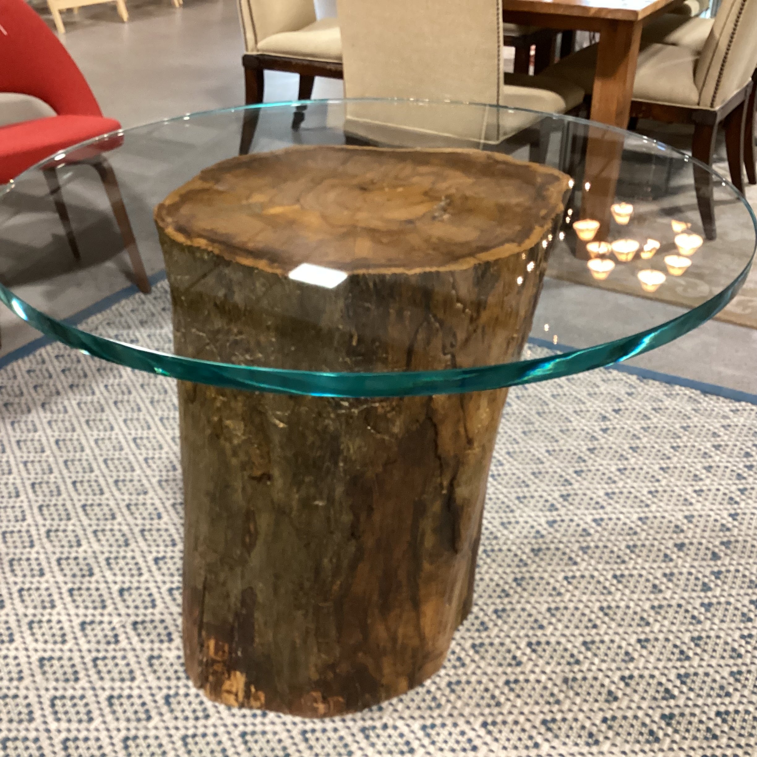 Solid Log Stump with Round Thick Glass Dining Table 38" Diameter x 29"