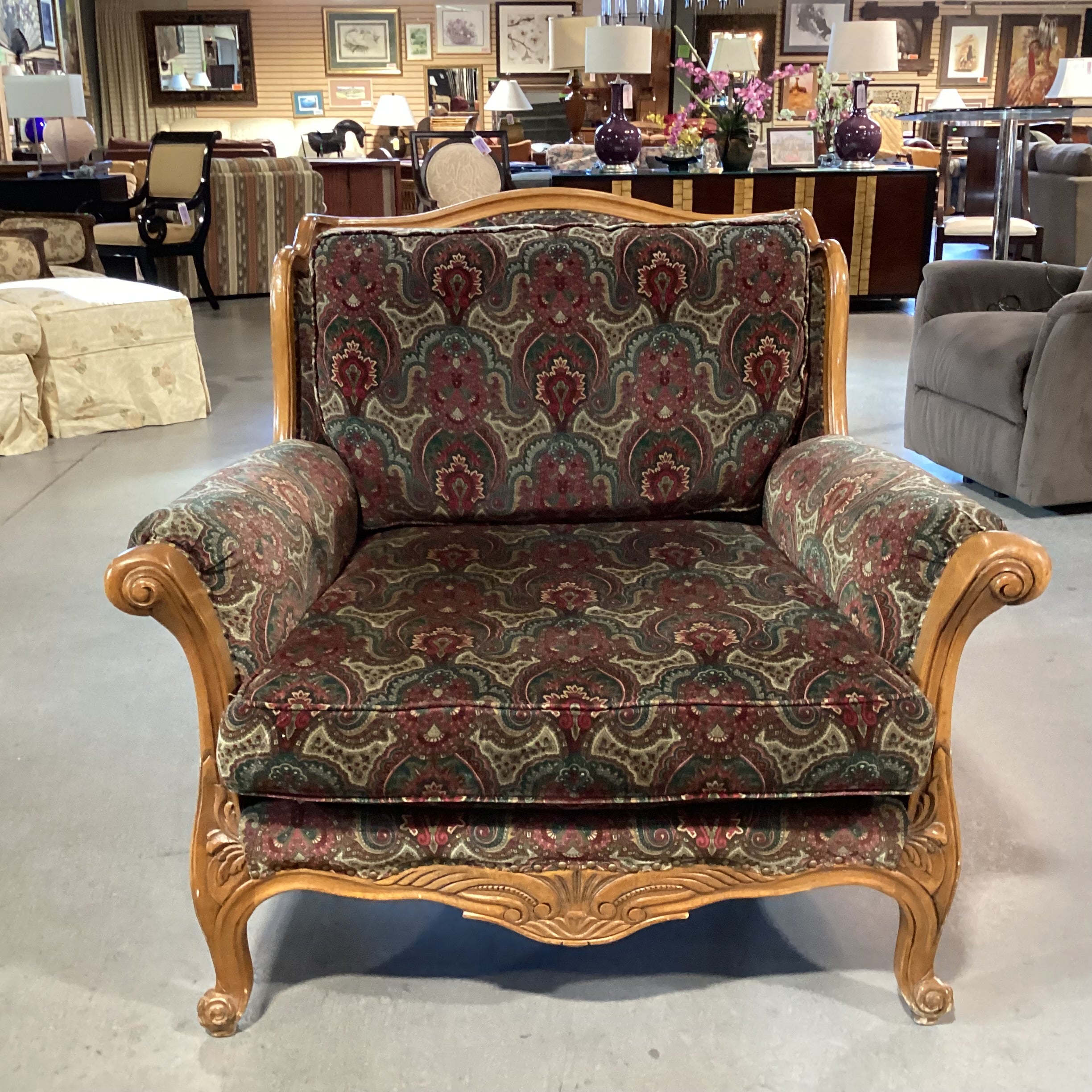 Vintage Ralph Lauren Red Green Paisley Velvet Nailhead & Carved Wood Oversized Chair 42"x 42"x 38"