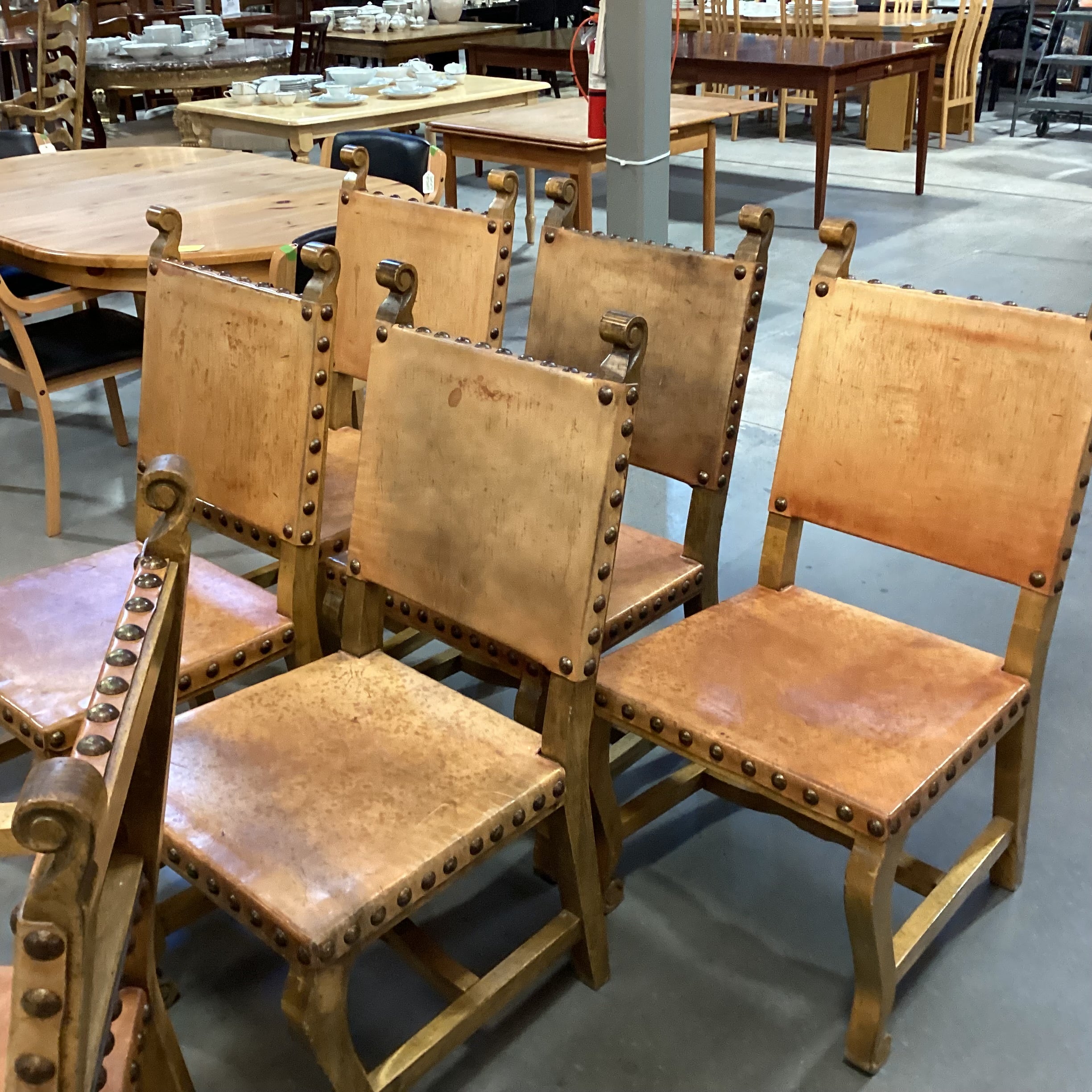 Set of 7 Carved Wood & Leather Nail Head Rustic Dining Chairs 23"x 24"x 41"