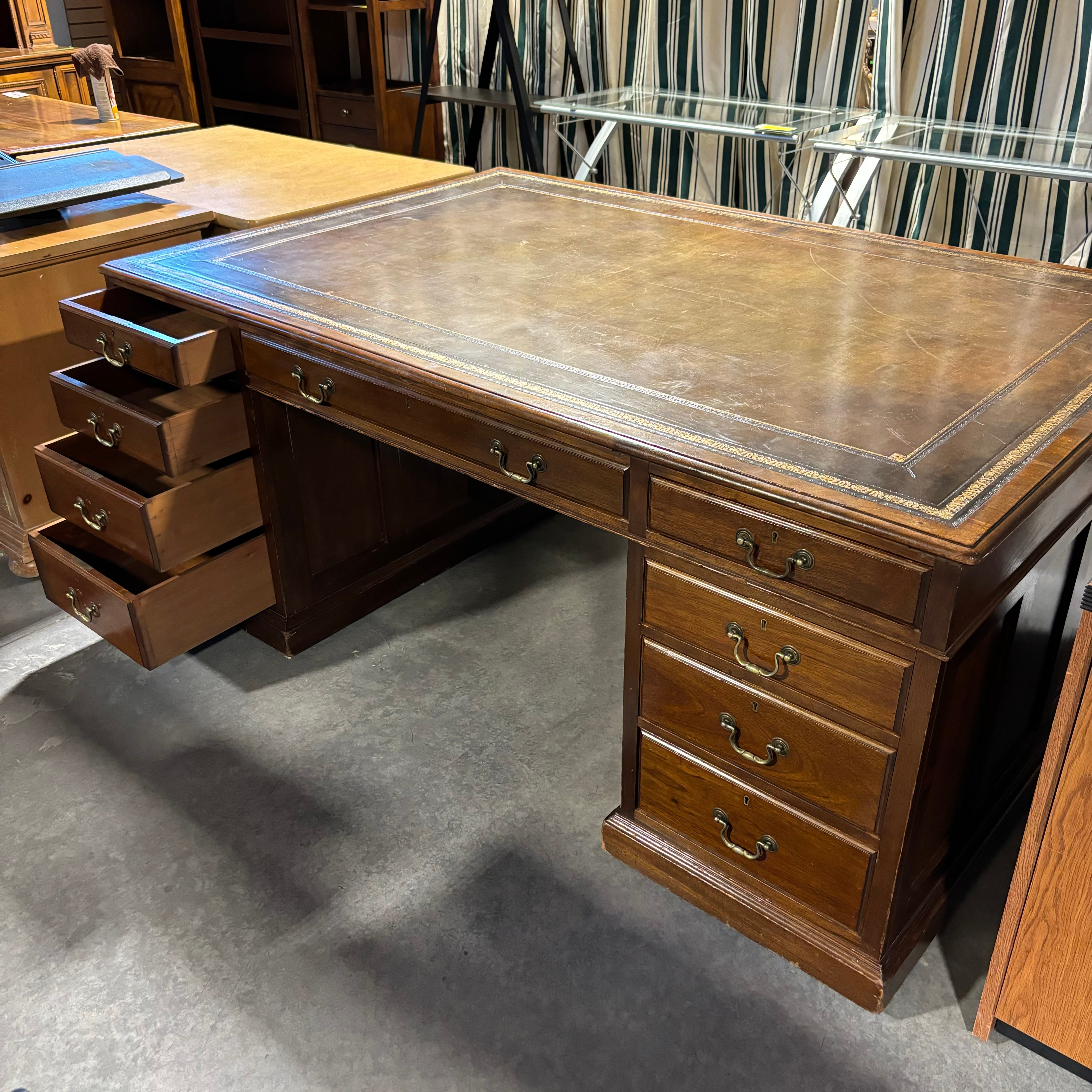 Dark Finish Wood with Gilded Detail Leather Top 18 Drawer Partner Desk 73"x 47.5"x 30.5"