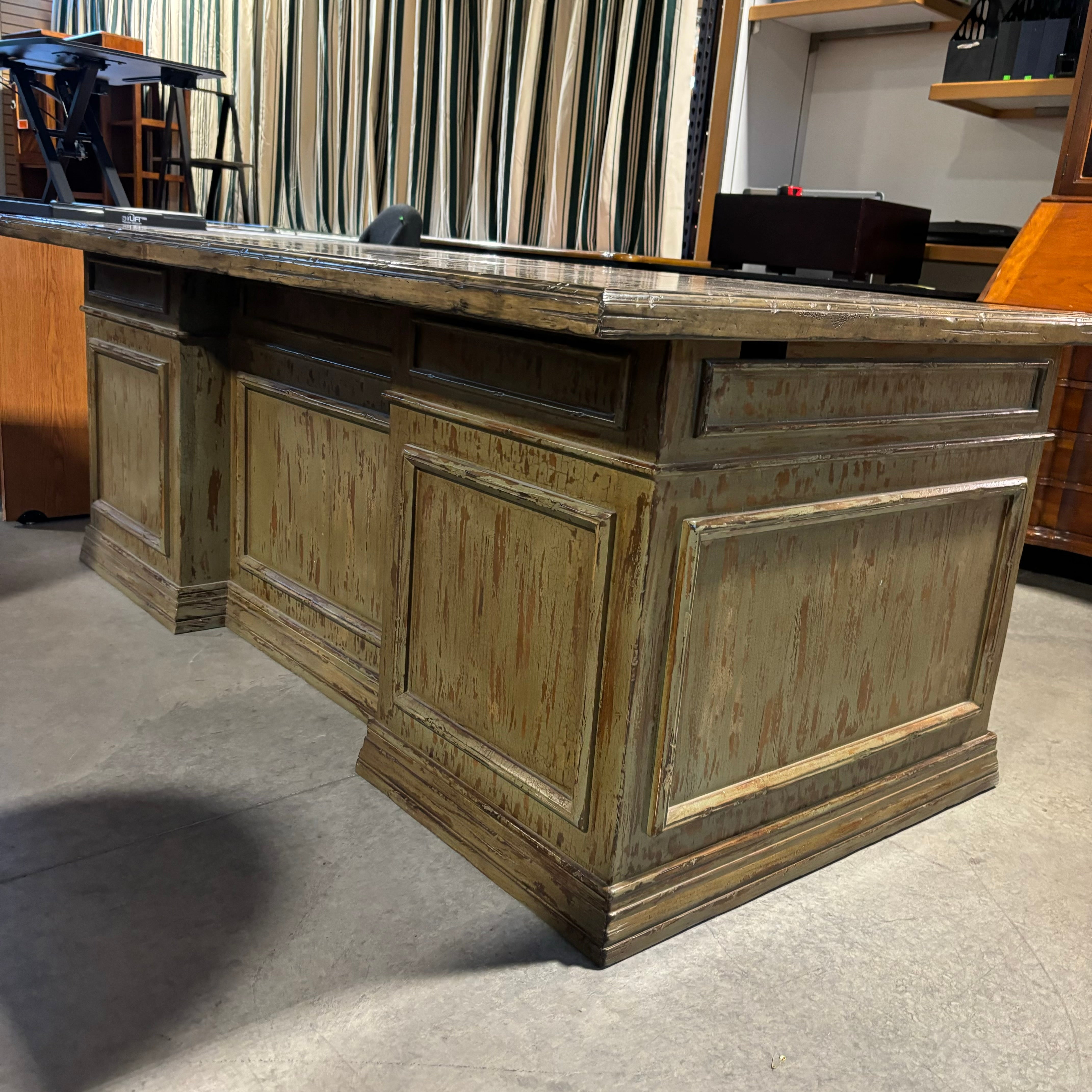 Antique Distressed Moss Finish 5 Drawer 1 Door with Dual Surface Pullouts Desk 74"x 41"x 30.5"
