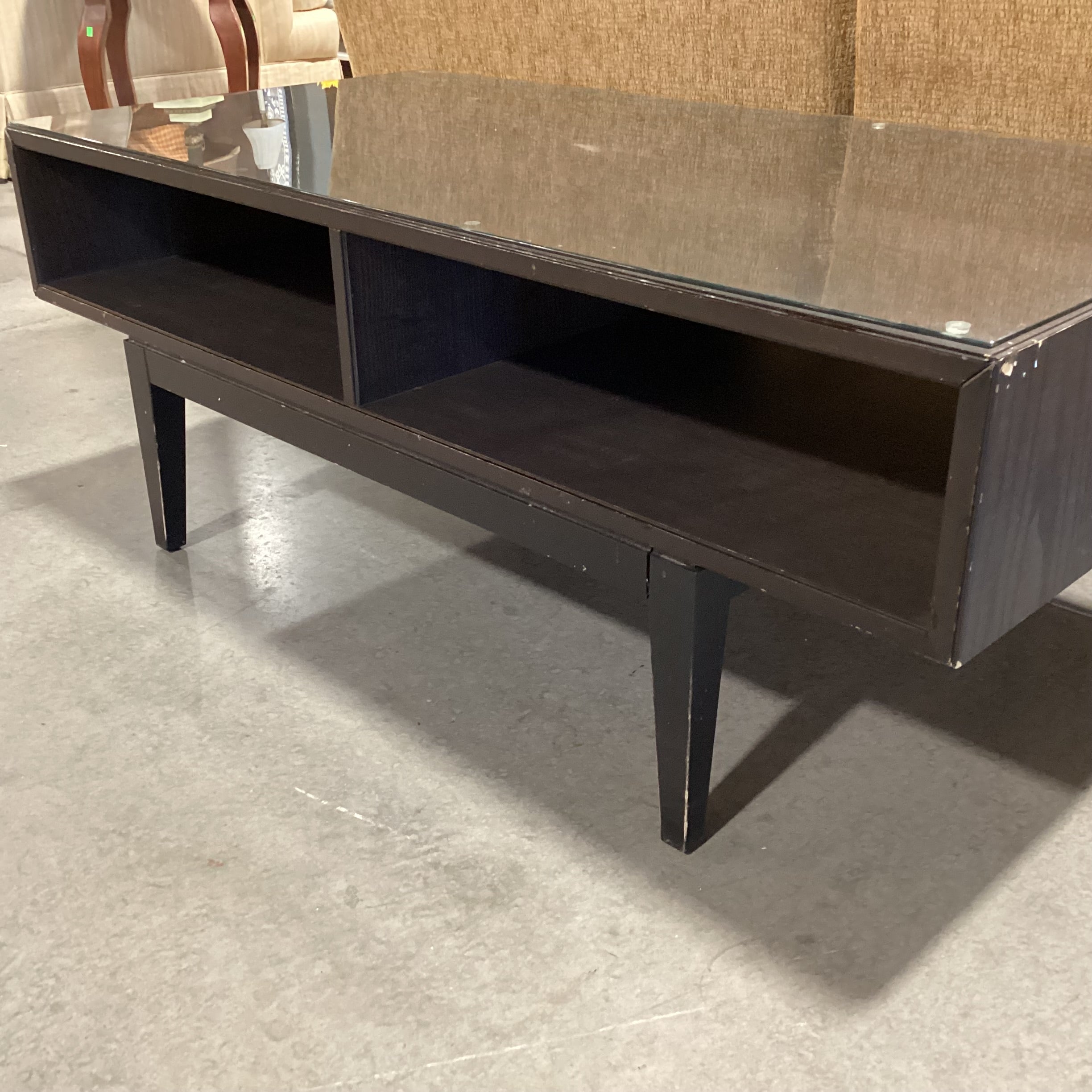 Mid Century Style Dark Wood & Veneer 2 Cubby Glass Top Coffee Table 46.5"x 23.5"x 18.5"