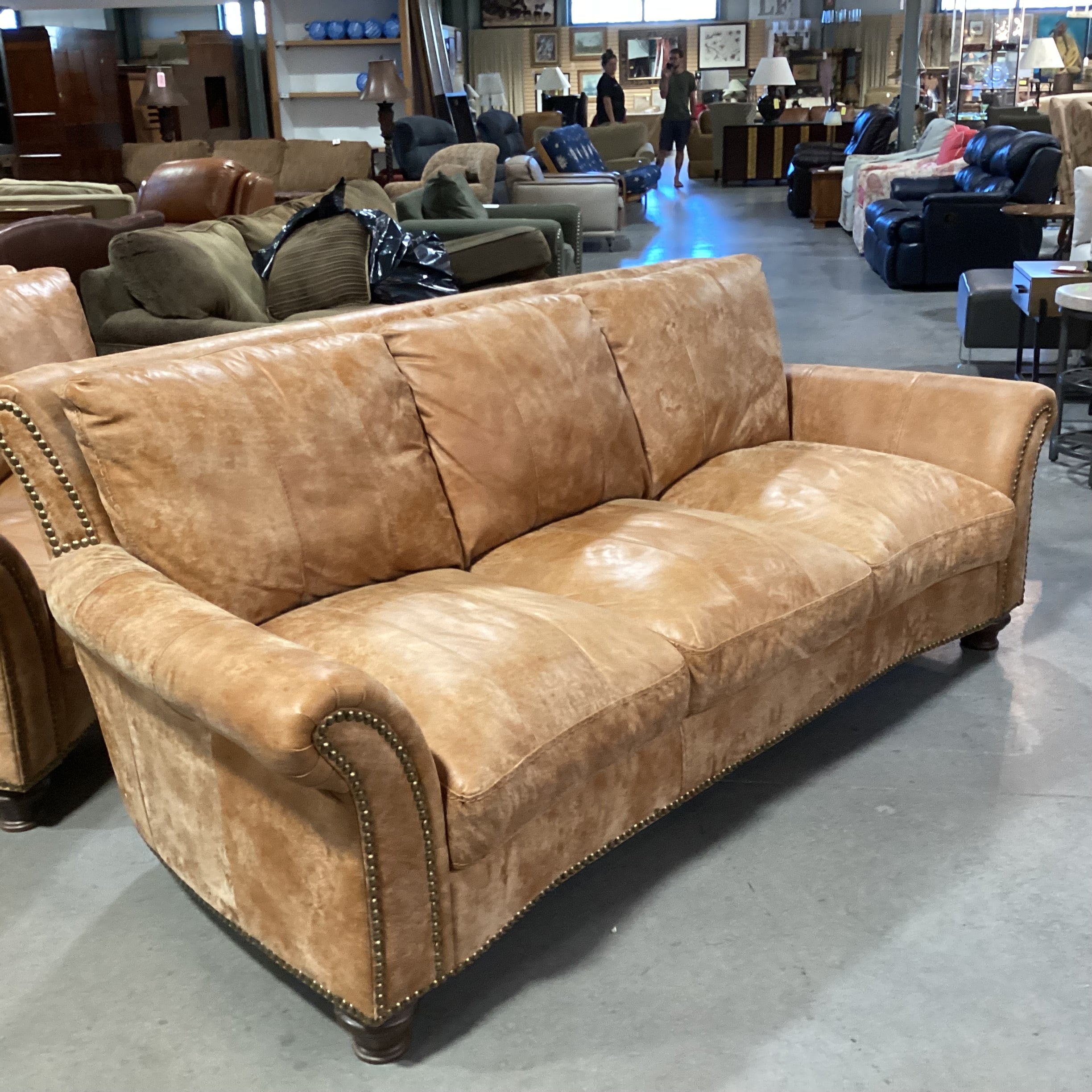 Tan Distressed Leather Nailhead with Curved Arm & Back Sofa 88"x 40"x 34"