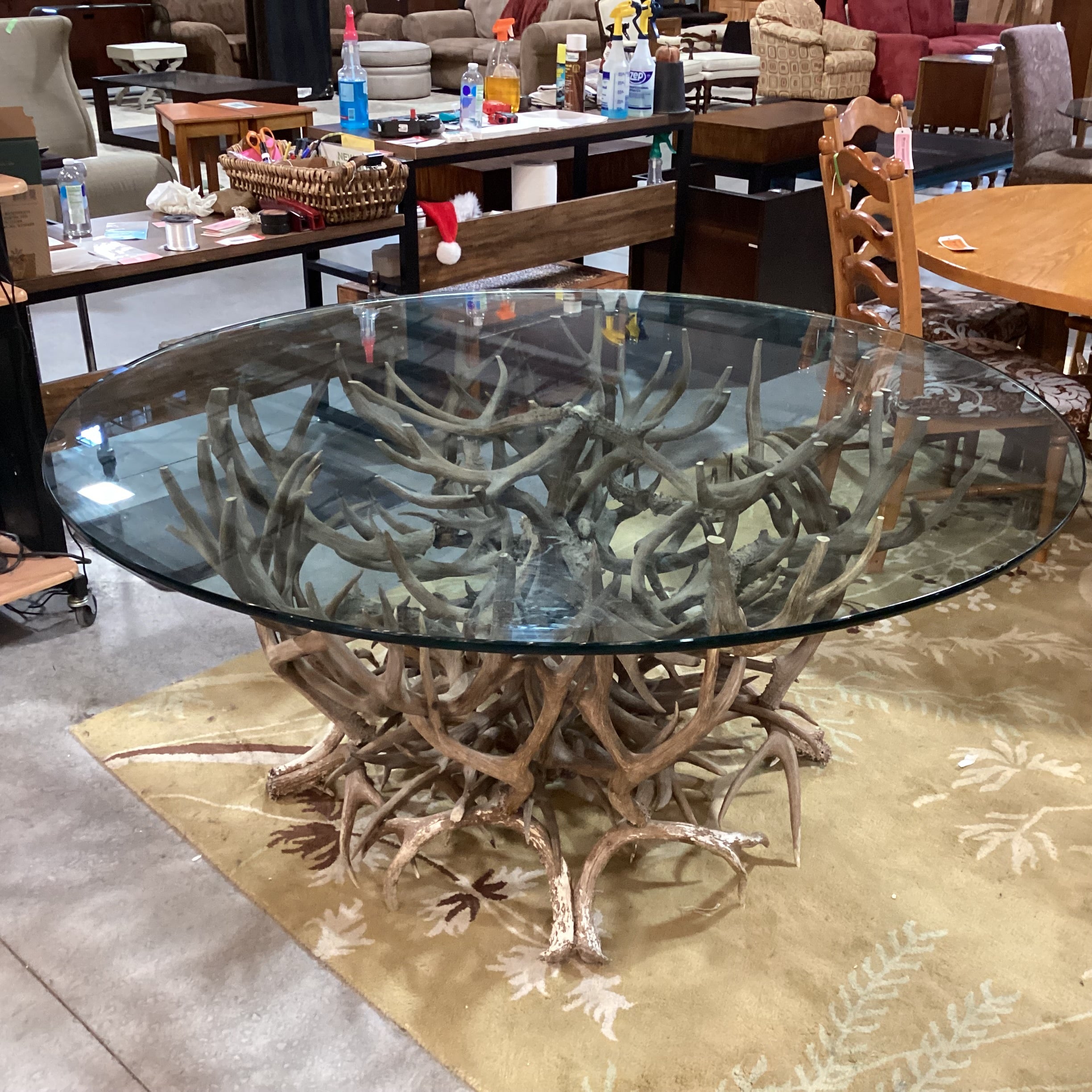 Antler & Round Glass Top Dining Table 66" Diameter x 30"