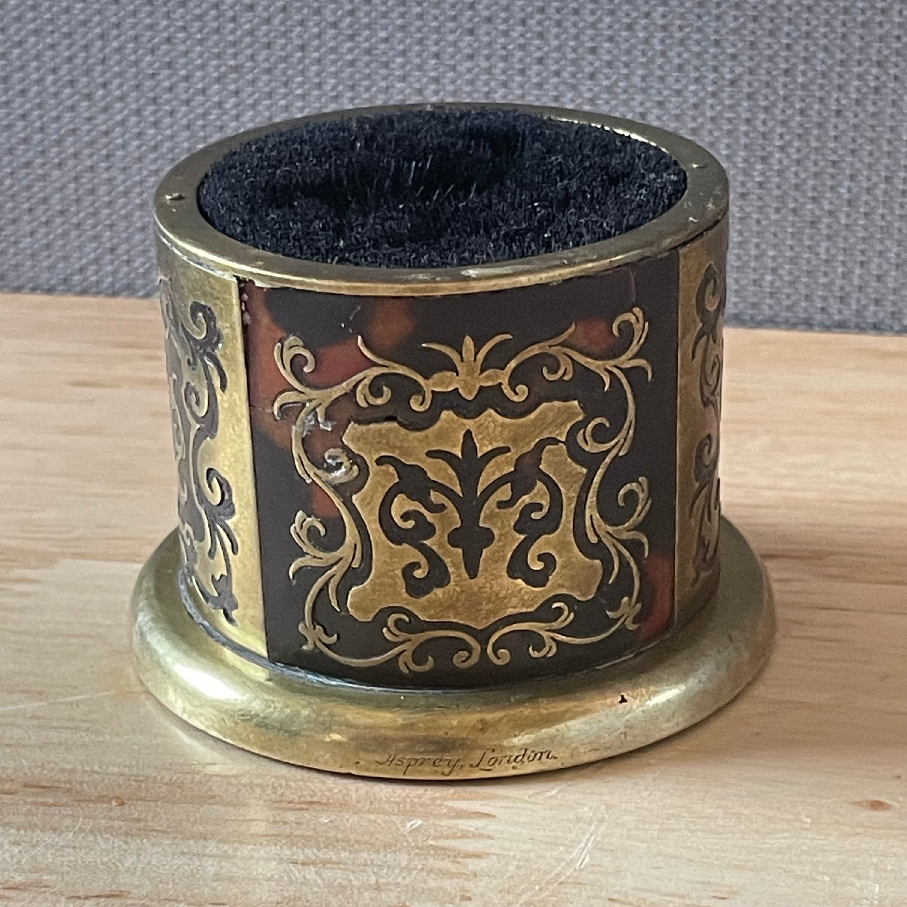 Antique Victorian Boulle Style Intricate Brass & Red Tortoise Shell Pen Pot/Wiper, 2.5"x 2"