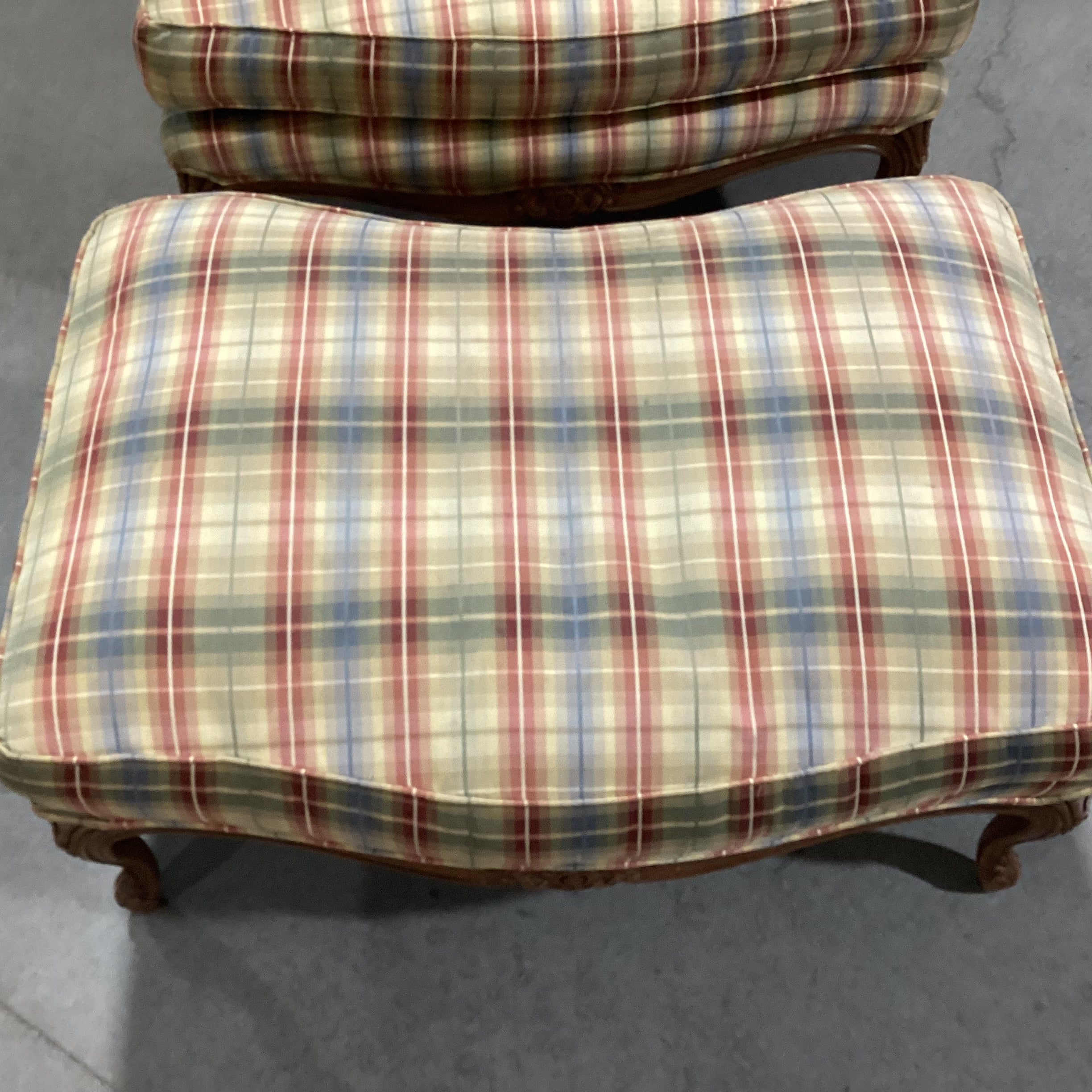 French Provincial Style Carved Wood & Plaid Down with Ottoman Chair 37"x 34"x 38"