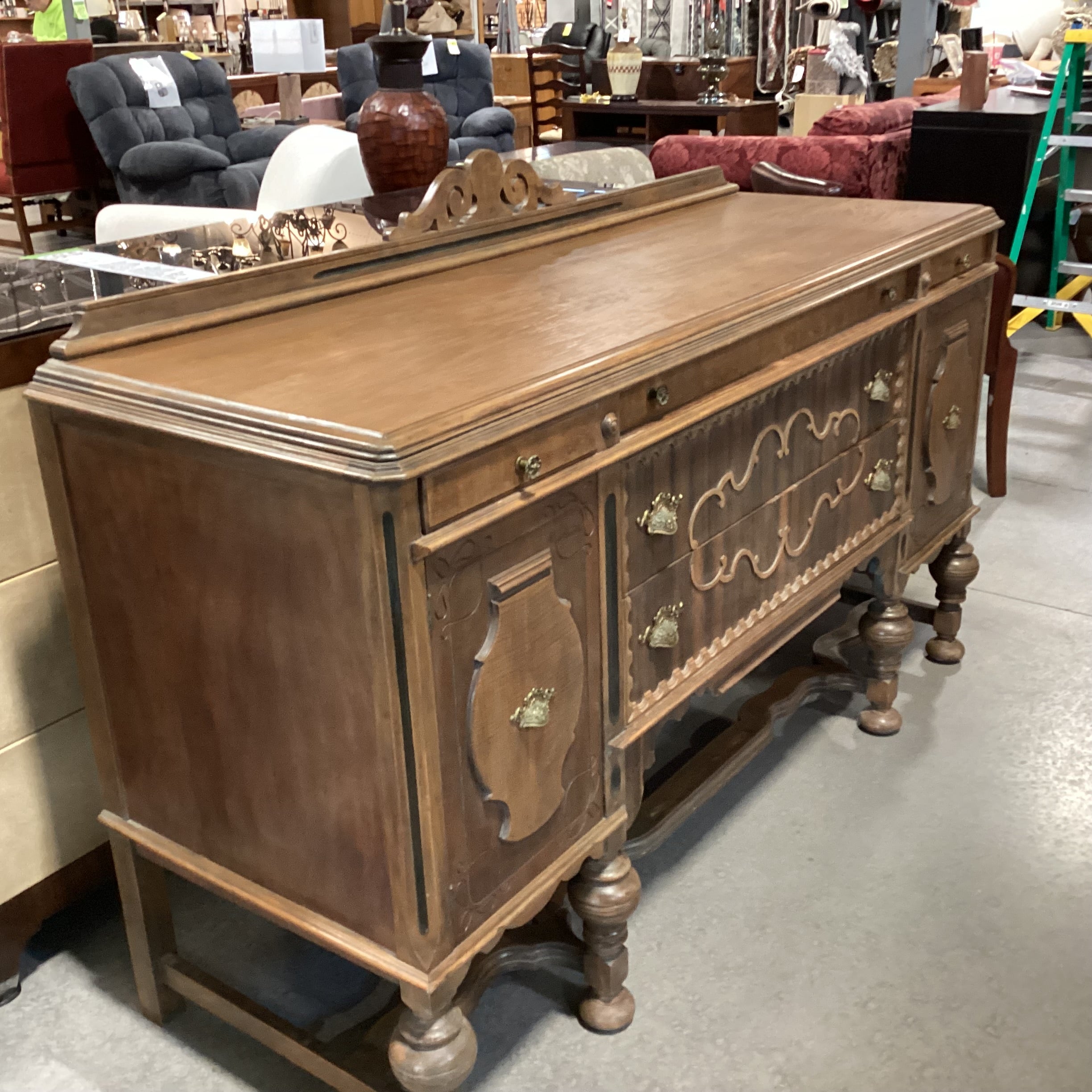 Antique Carved Detail & Ornate Molding 5 Drawer 2 Door Sideboard 67"x 22.5"x 43.5"