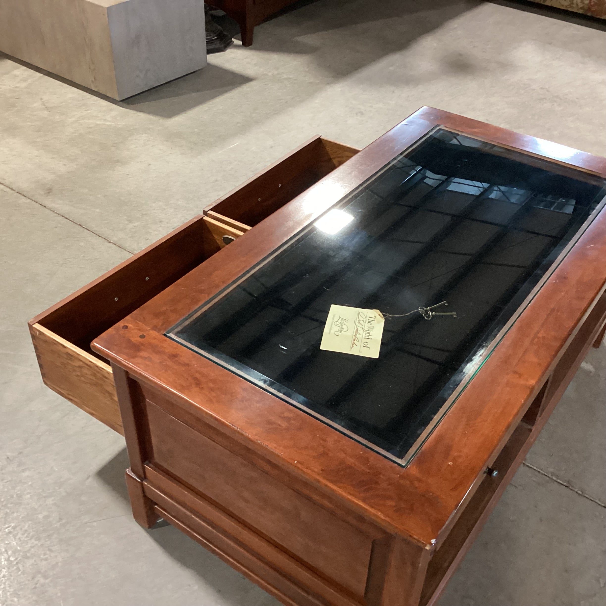 Bob Timberlake for Lexington Finished Wood & Glass Top Double Sided Pull Through Drawers Display Coffee Table 44"x 24"x 19"