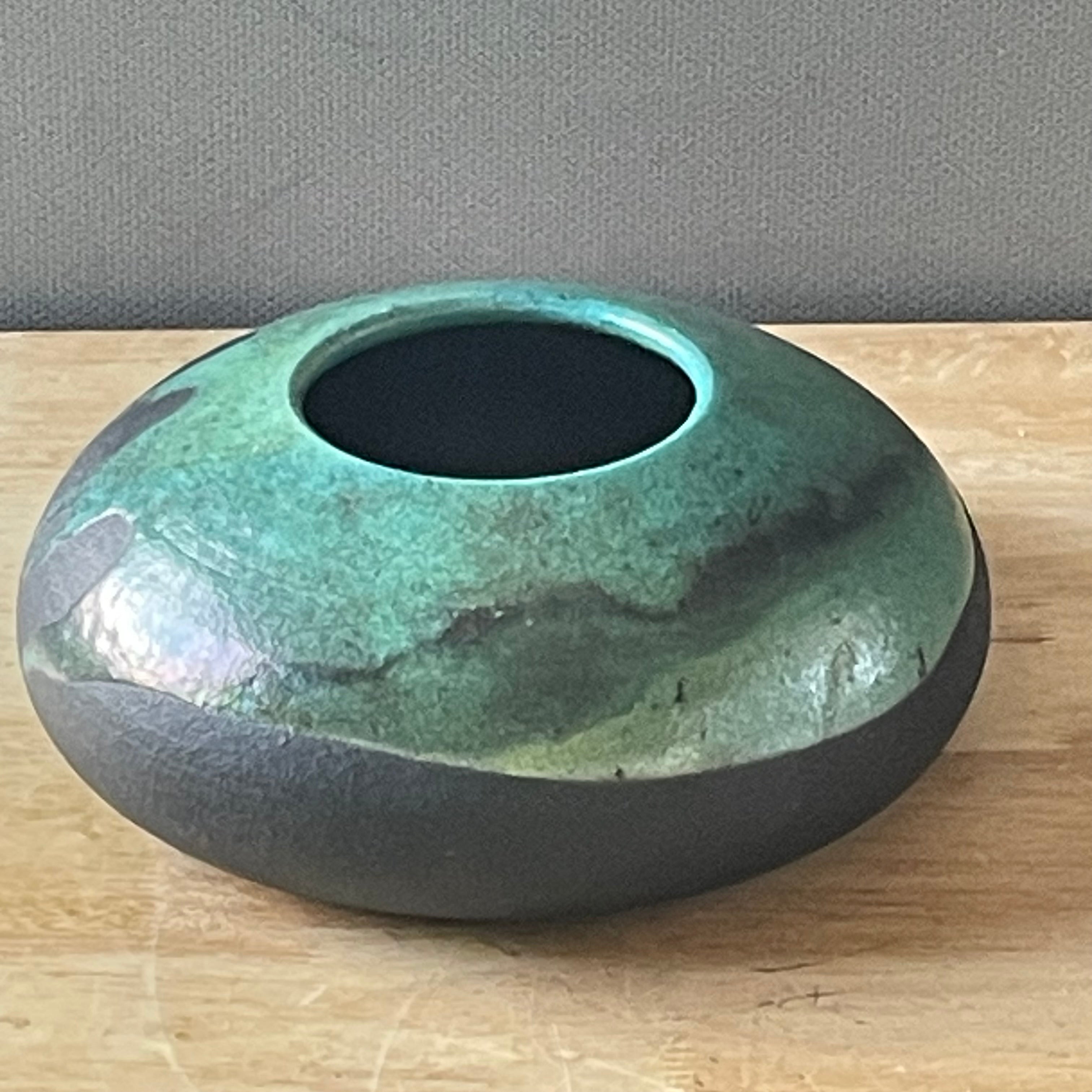Robbrecht Troost Signed Raku Vibrant Turquoise Glaze, Matte Black Ceramic  Ikebana Vase, 9"x 3"