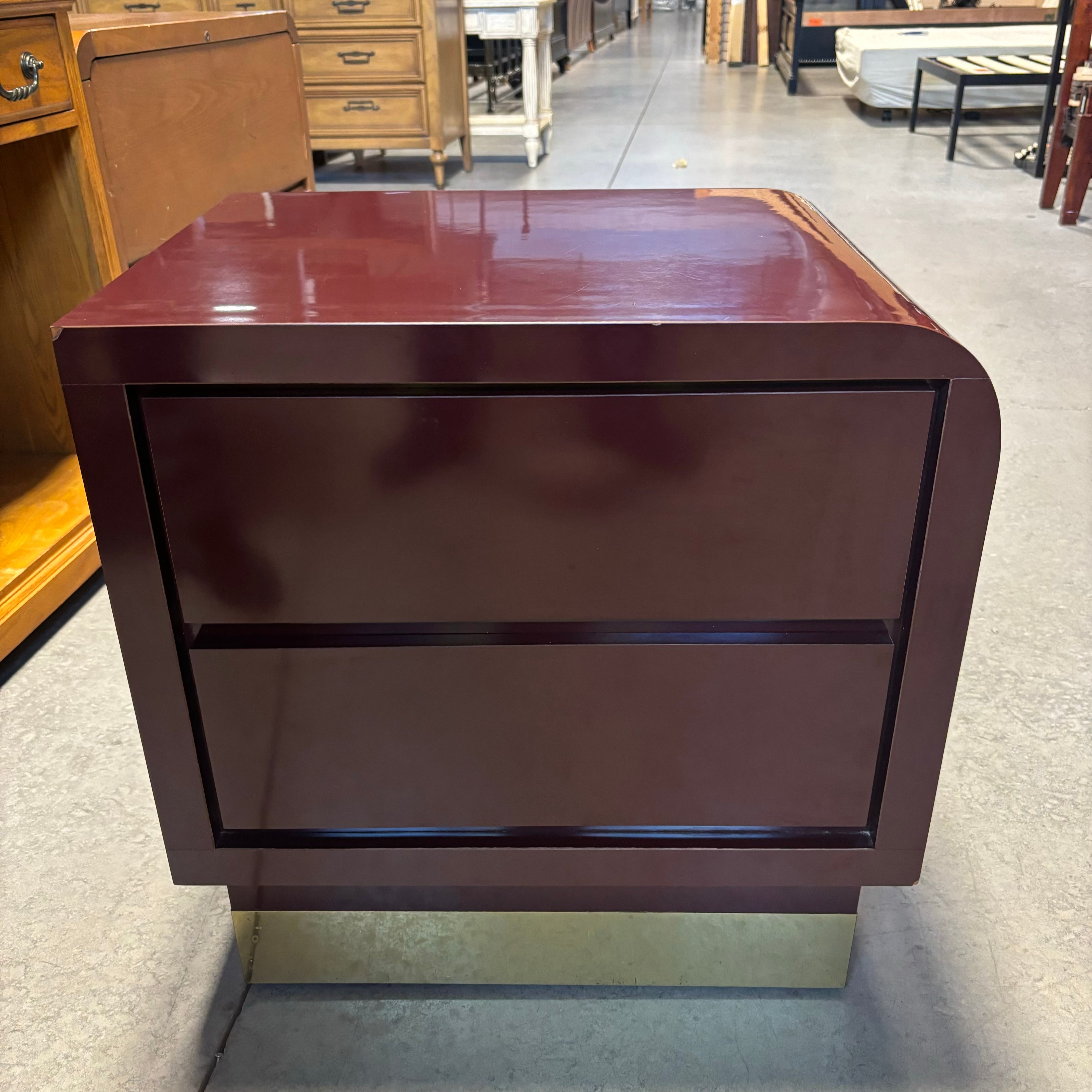 Maroon Lacquer Finish & Brass Finish Base 2 Drawer Nightstand 24"x 18"x 24"