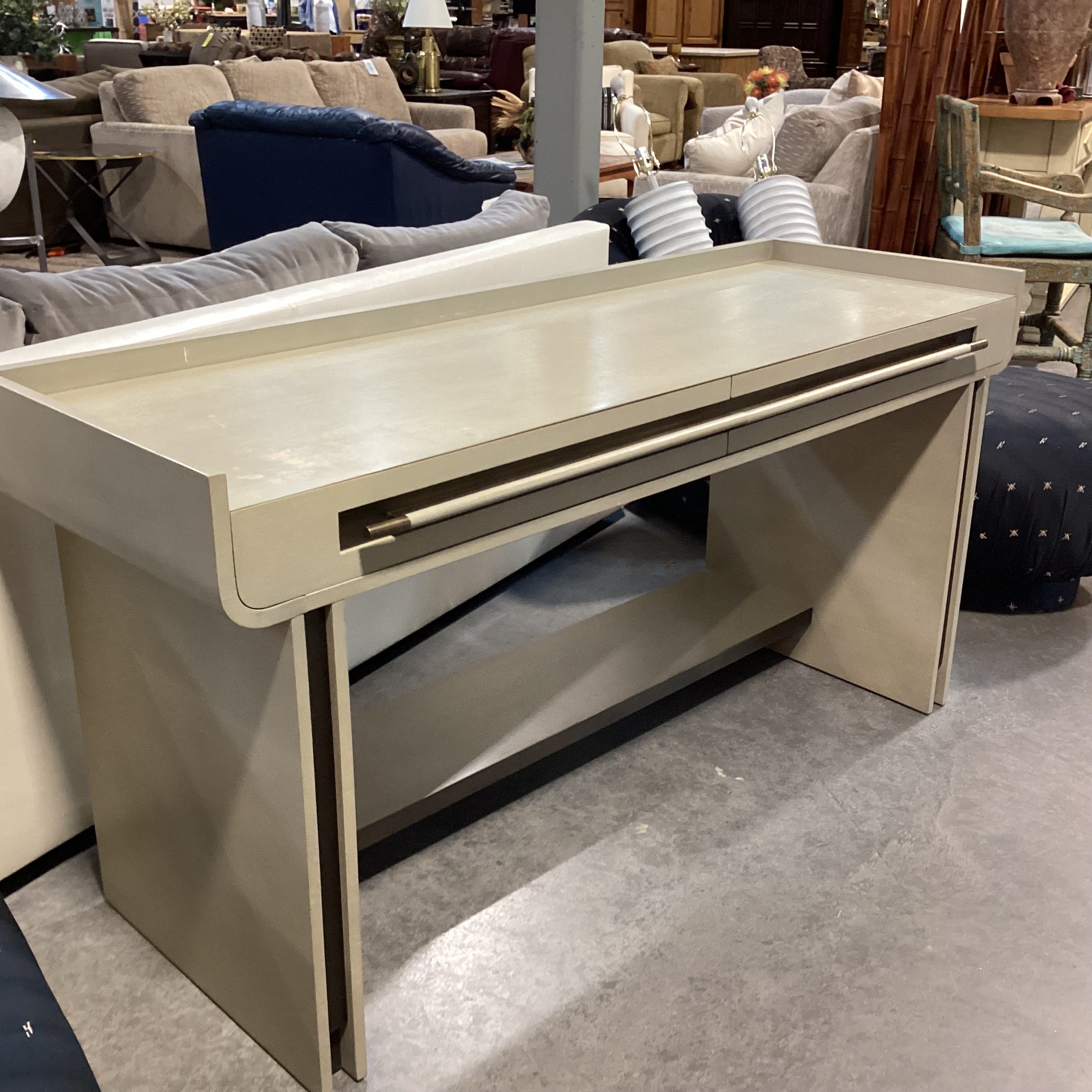 Barbara Barry for Baker Furniture Sage Grey Washed Wood & Veneer with Leather Lined Softclose Drawers Desk 62"x 22"x 32"