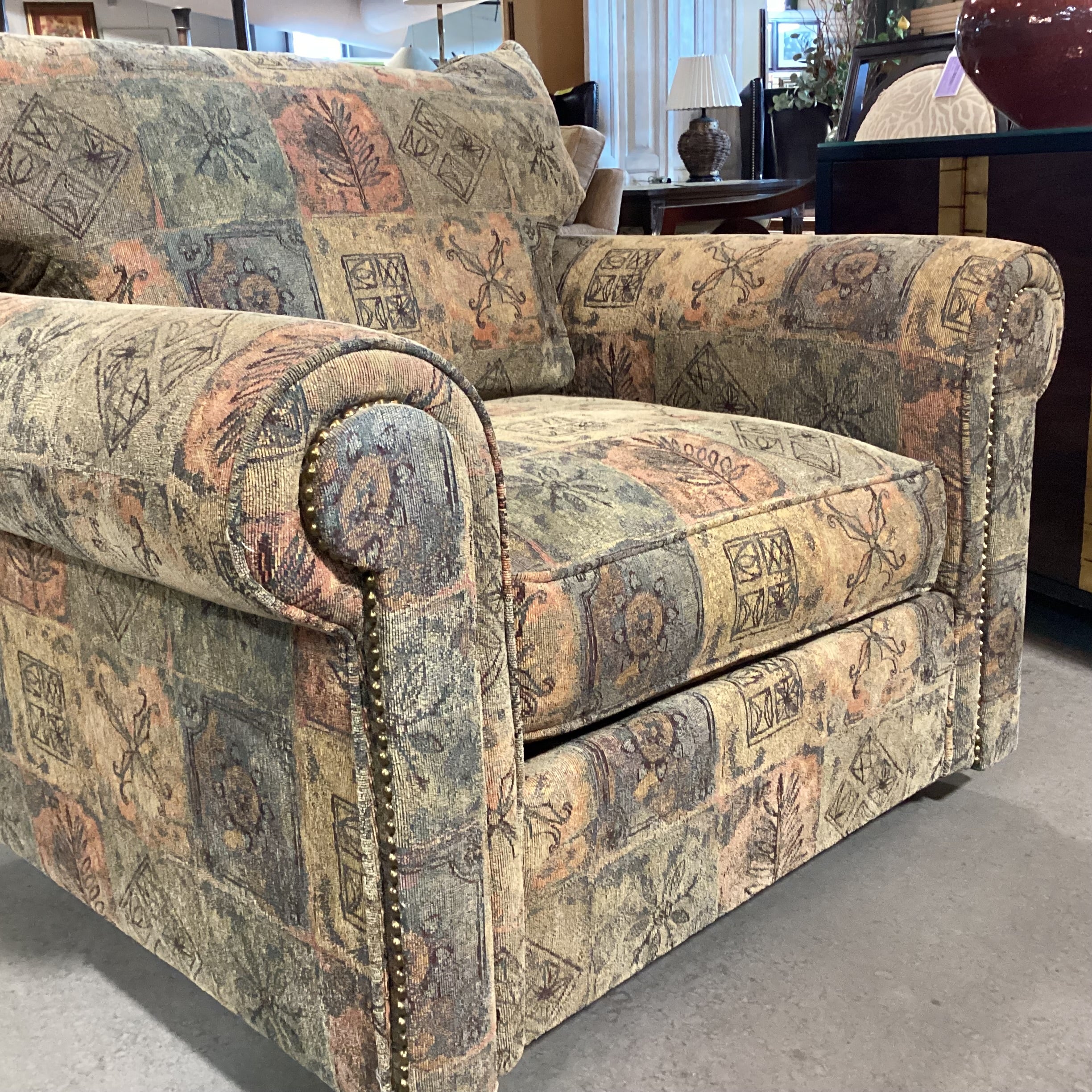 Frazier Merri Harvest Golden Sage Blue Orange with Nailhead Arm Oversized Swivel Chair 43"x 39"x 34"