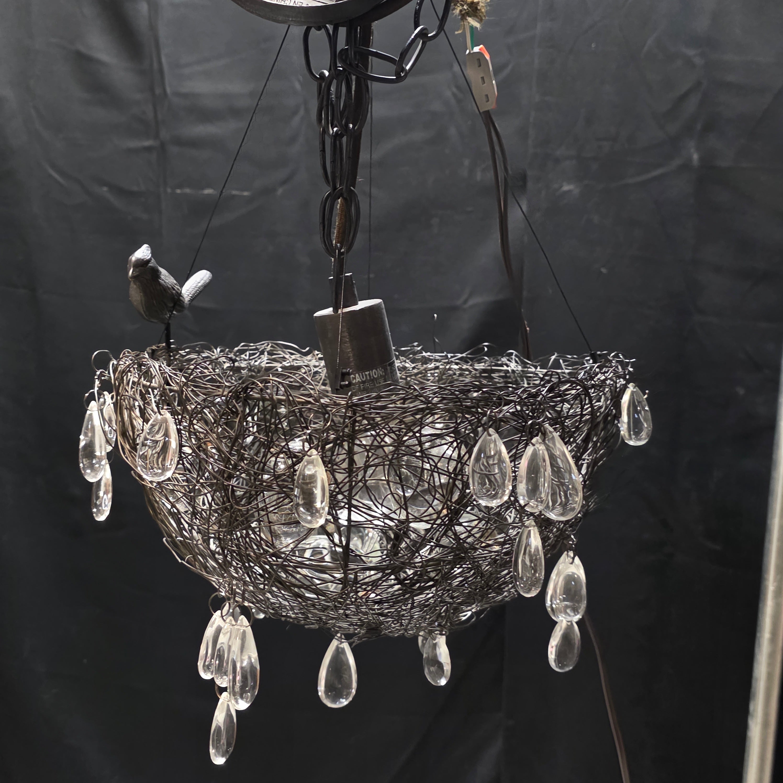 Cardinal Bird's Nest Chandelier with Glass Eggs and Glass Droplets 13"Dx8"
