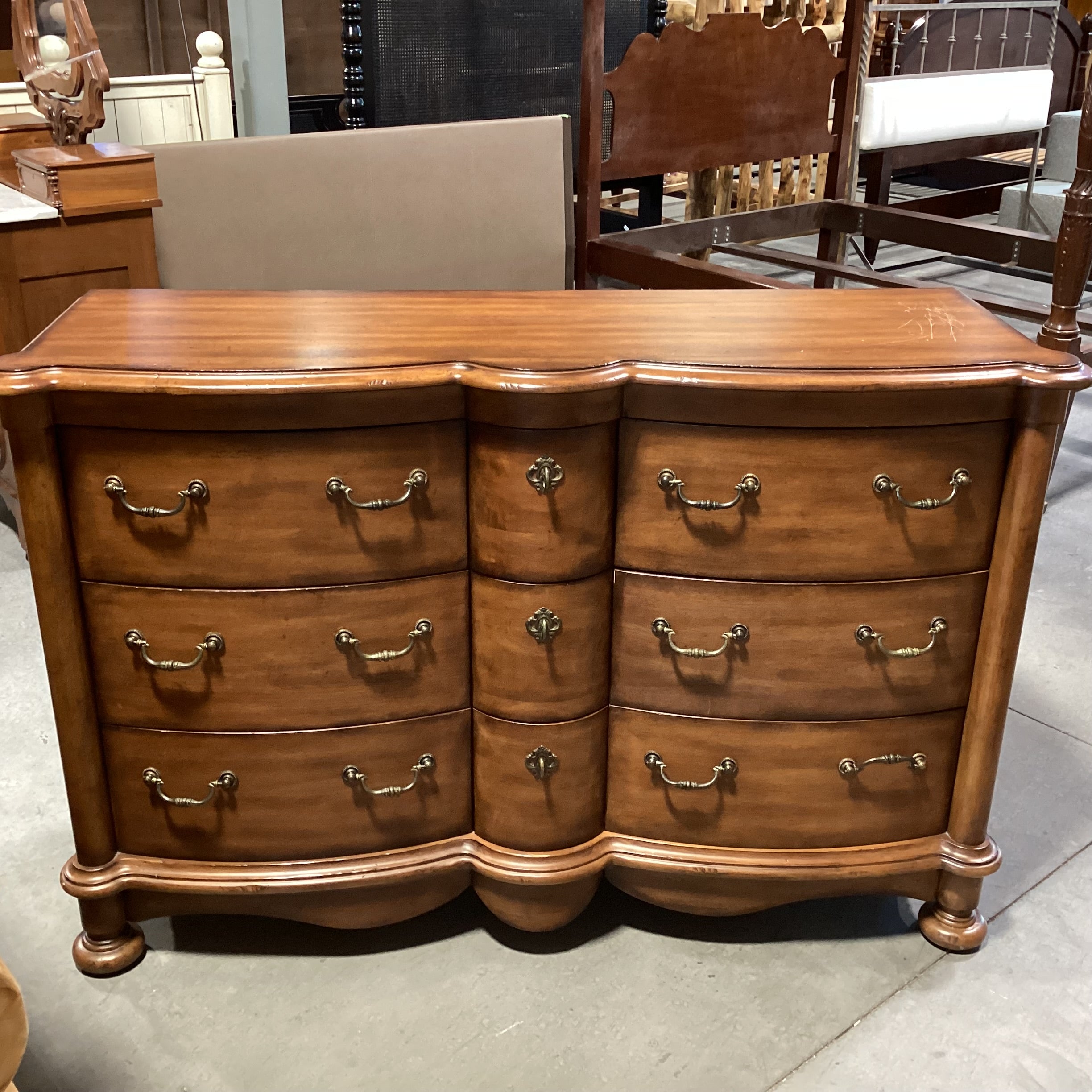 Hickory White Distressed Carved Curved Front 9 Drawer Dresser 64"x 20"x 42"