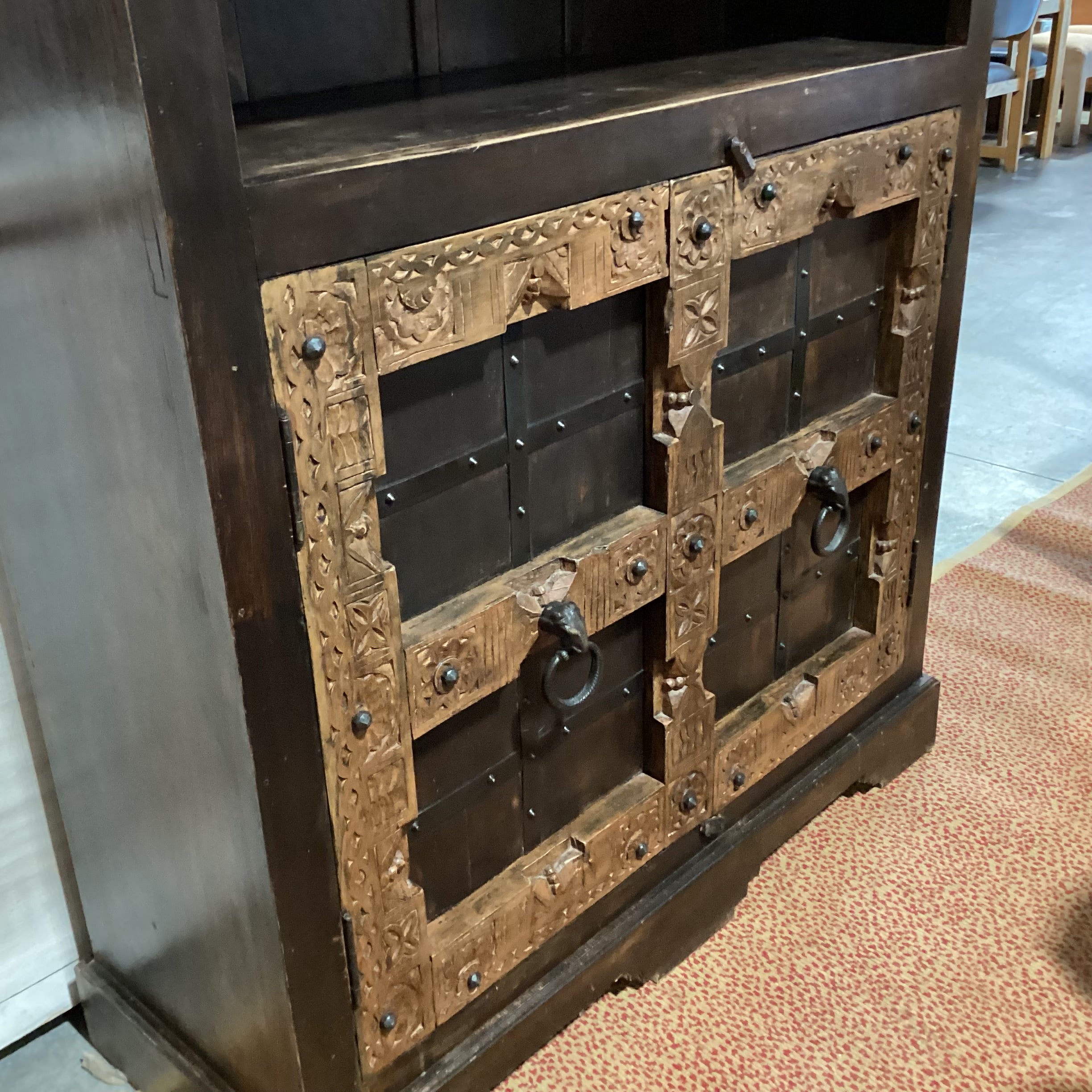 Solid Rustic 2 Tone Carved Wood with Iron Accent & Shelves Hutch 49"x 18"x 78.5"