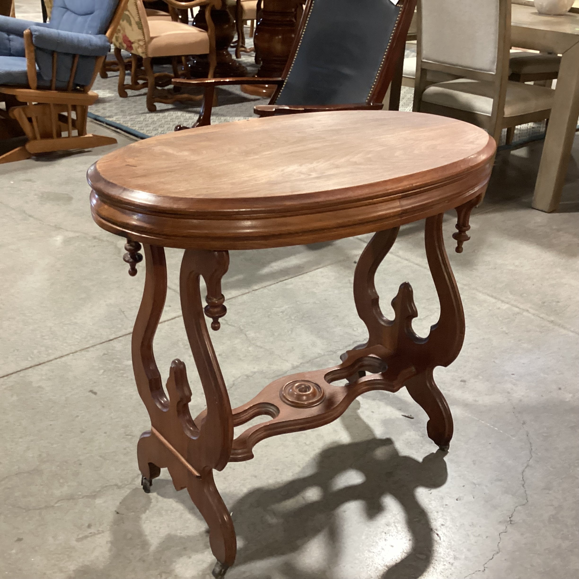 Antique Ornate Carved Sides & Trestle on Casters Oval Accent Table 33"x 19"x 30"