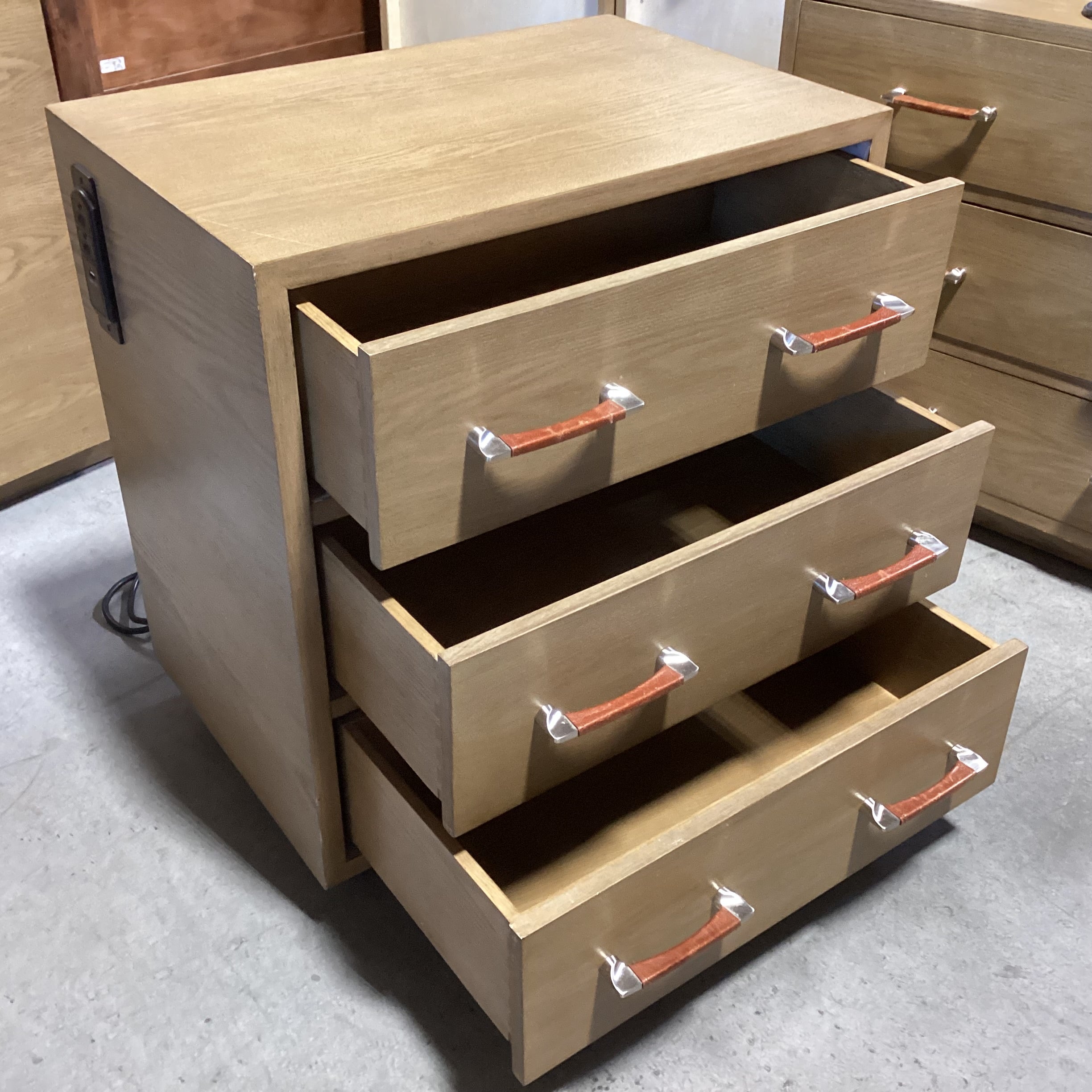 Bryan Ashley Light Finish Oak With Nickel & Leather Pulls 3 Drawer Nightstand 27"x 19.5"x 30"