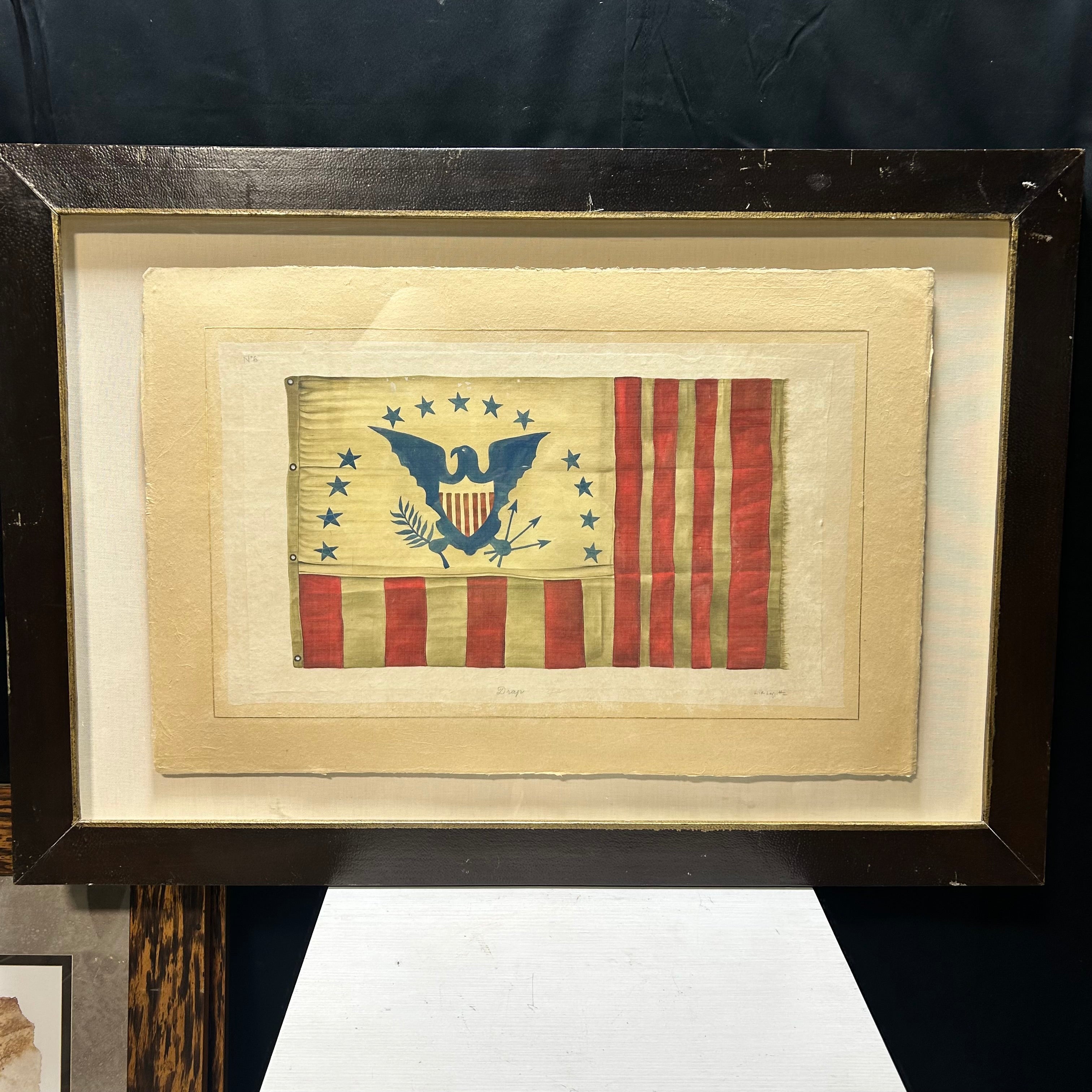 1943 L.R Laffitte French Flag Water Color On Silk 42.5"x 29.5"