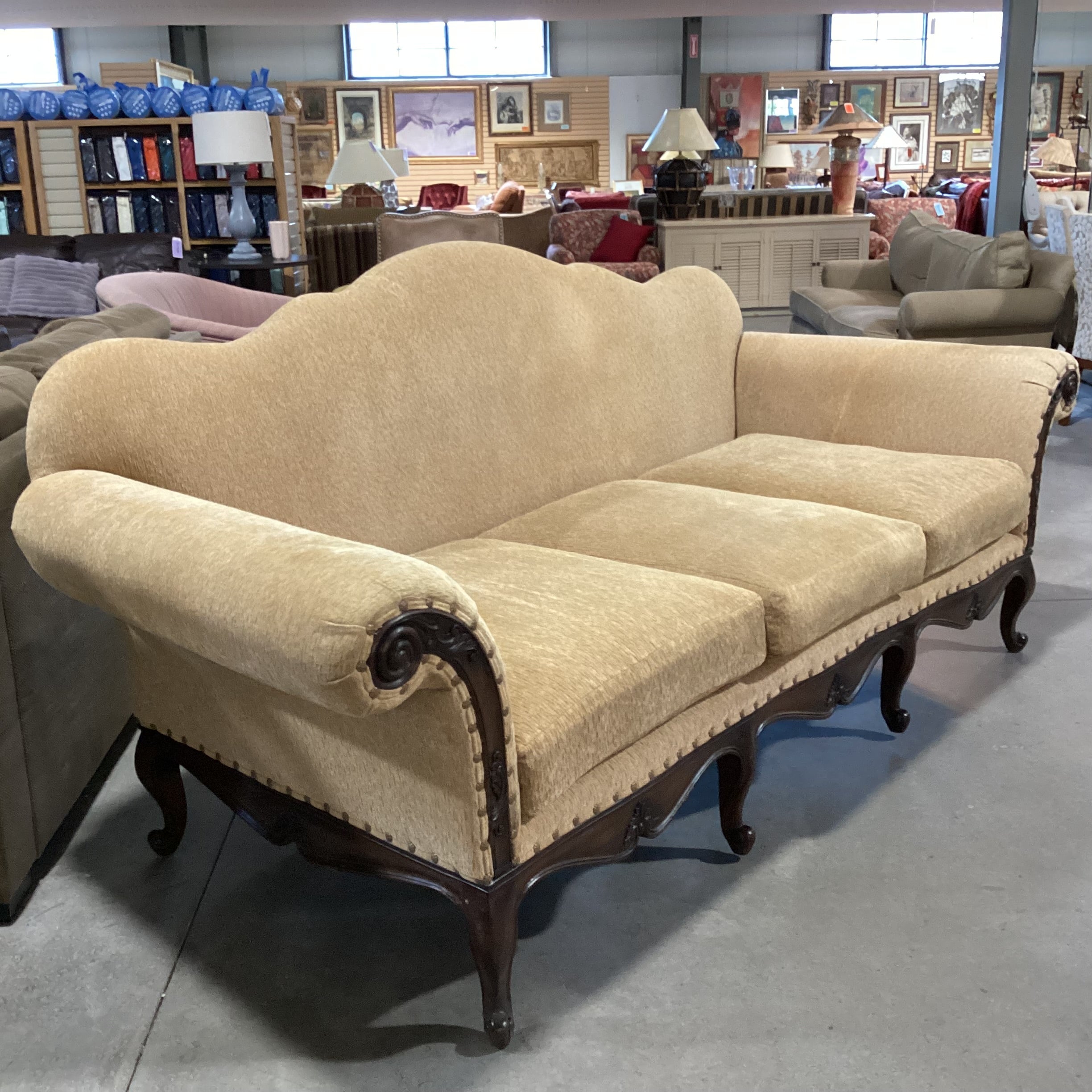 Ralph Lauren St Germain Venetian Gold Chenille Woven Nailhead & Ornate Carved Wood Sofa 103"x 41"x 45"