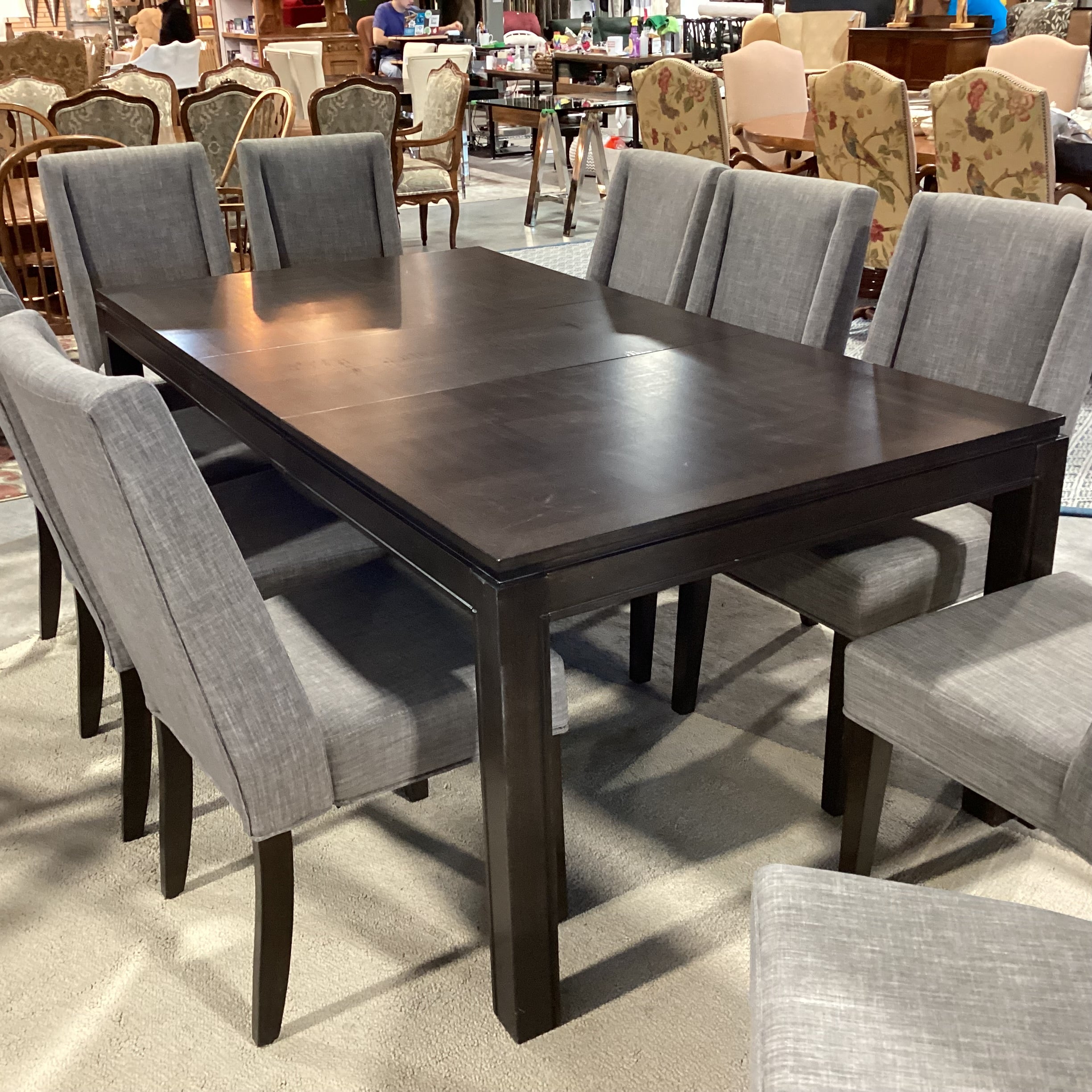 Dark Finish Wood & Veneer 1 Leaf Table & 10 Grey Woven Chairs Dining Set 78"x 42"x 30"