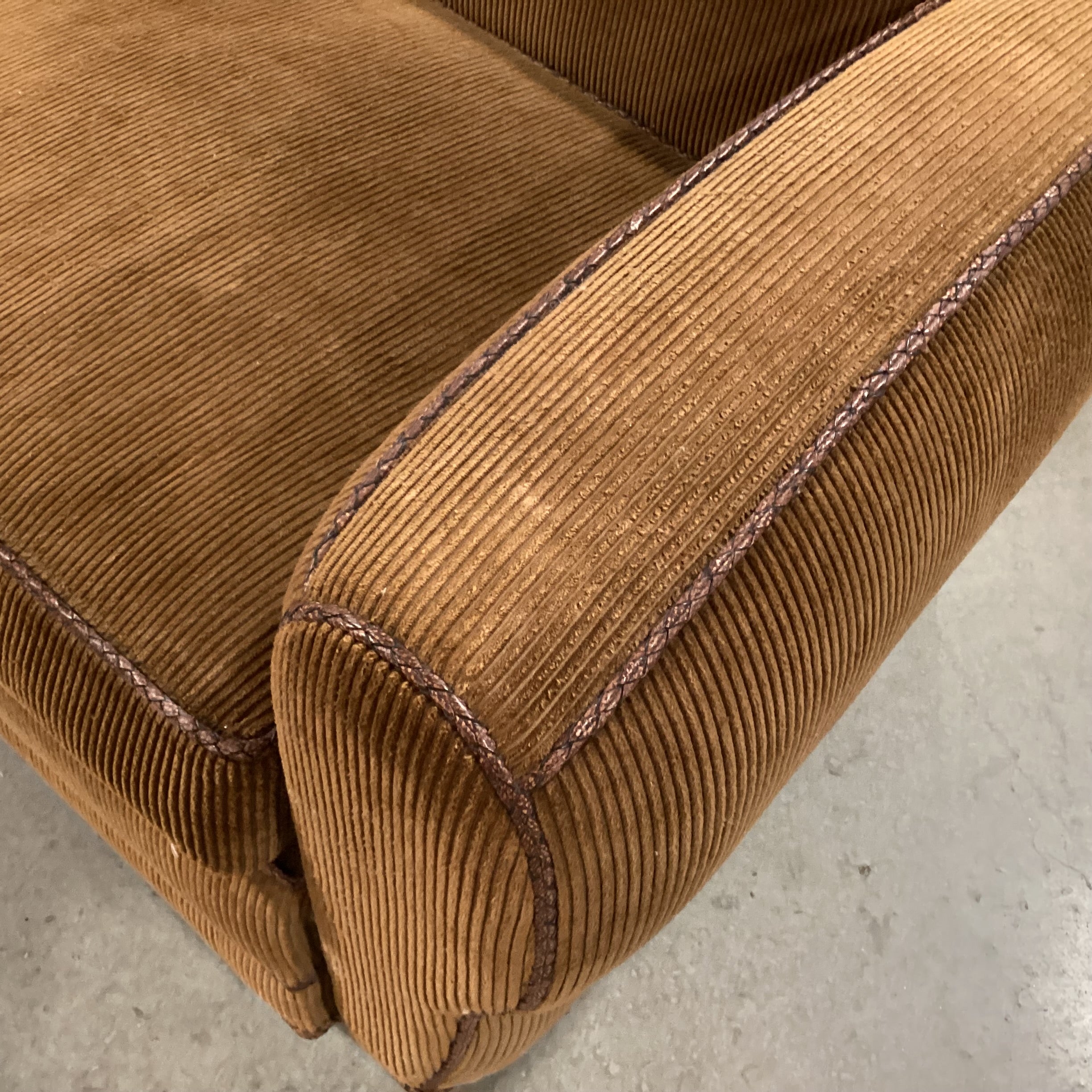 Richard Charles Brown Corduroy Braided Leather Piping & Down Mix Sofa 86"x 40"x 34"