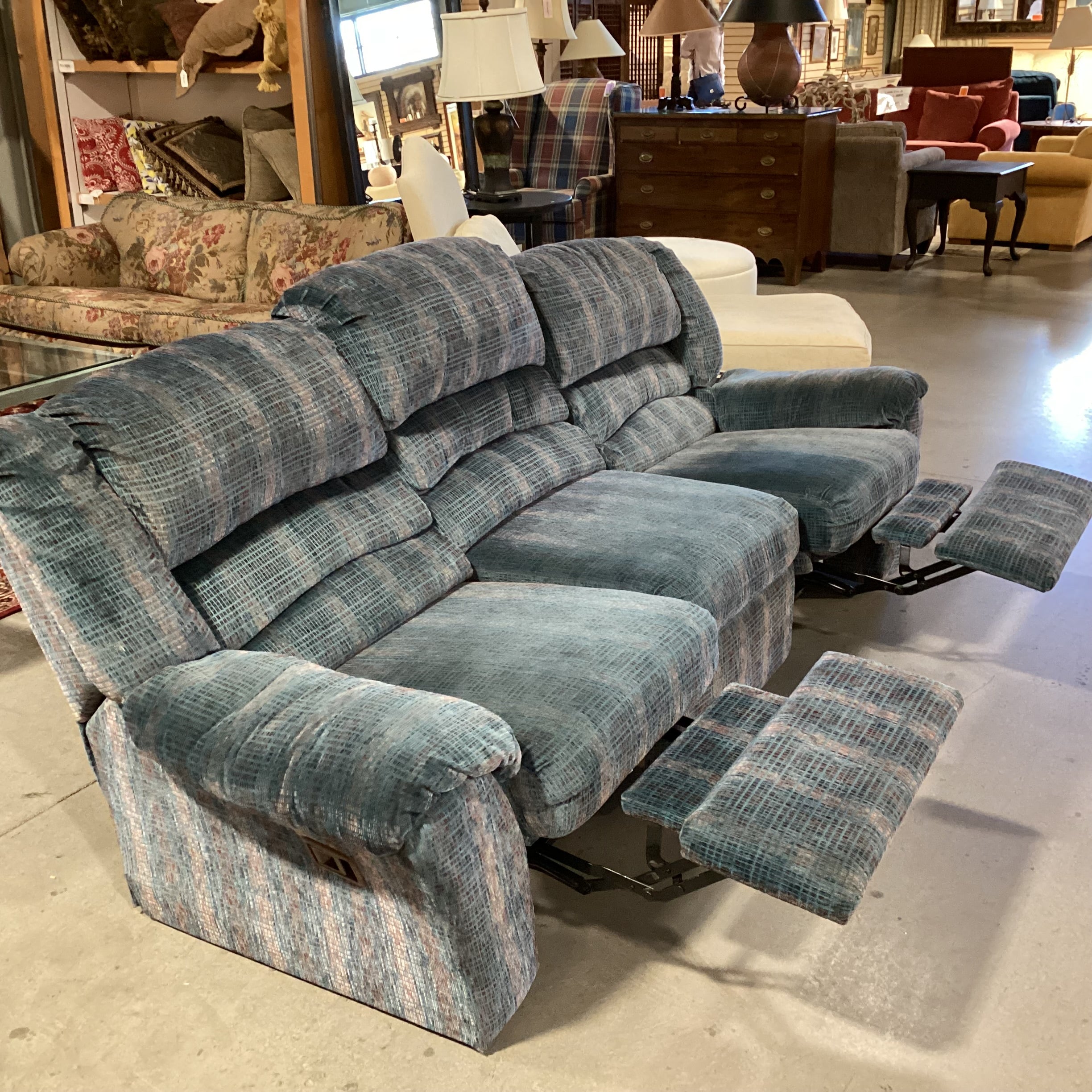Action Industries Teal Blue with Light Red Grid Woven Double Recliner Sofa 96"x 38"x 37"