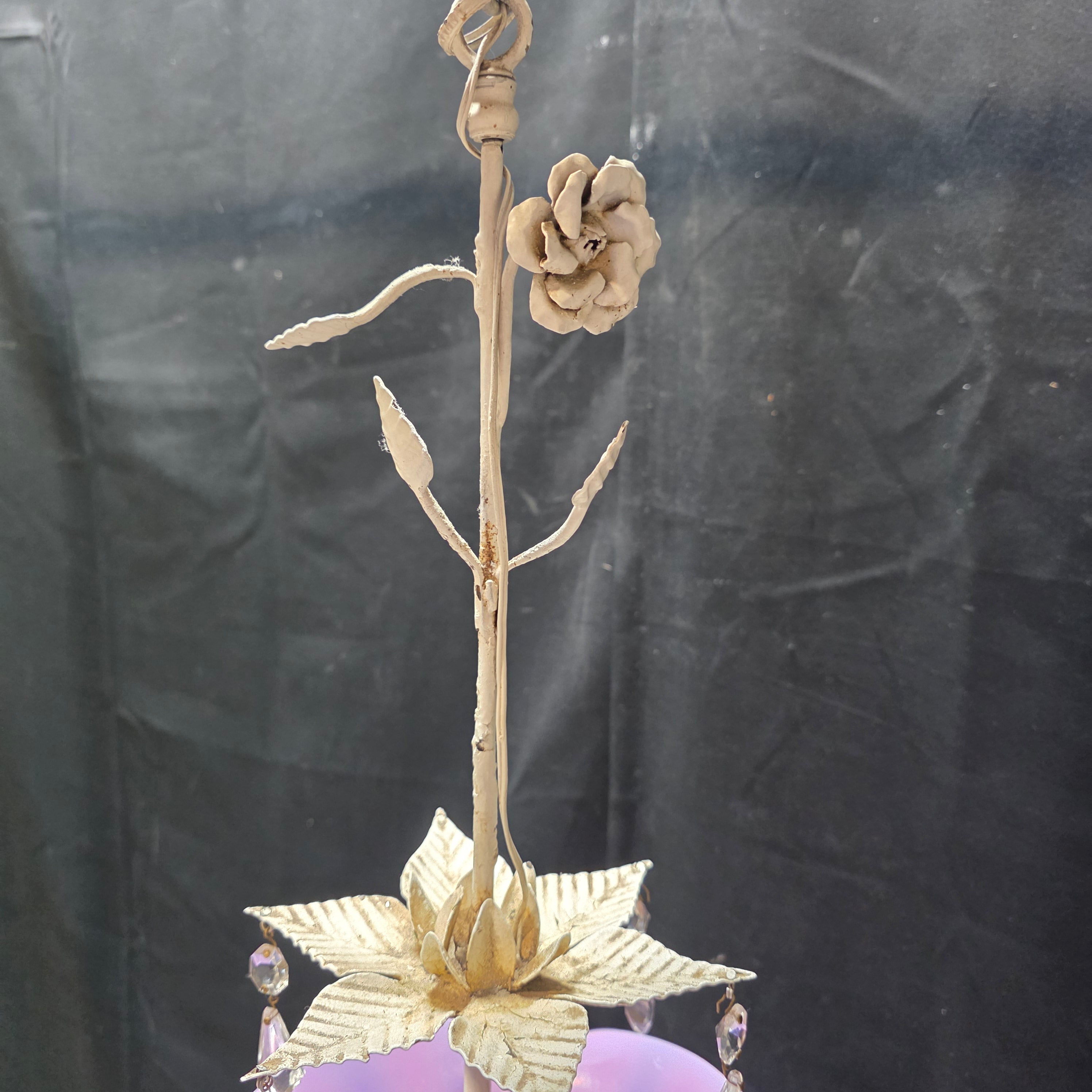 Vintage Burmese Pink Fenton Glass Rose Three Light Rose Chandelier with Crystals 10"Dx24"