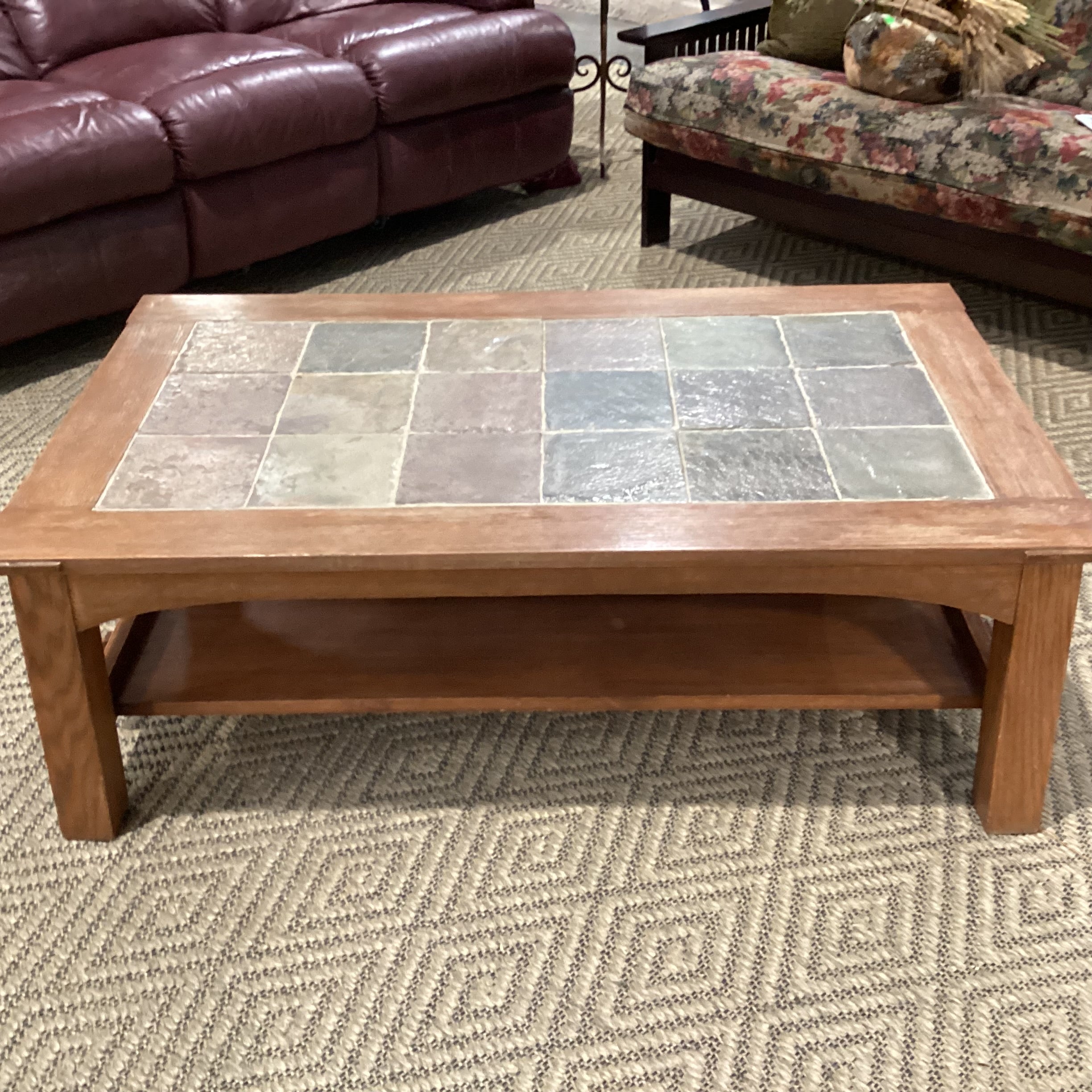 Natural Light Finish Wood & Slate Stone Tile Coffee Table 50.5"x 30"x 18"