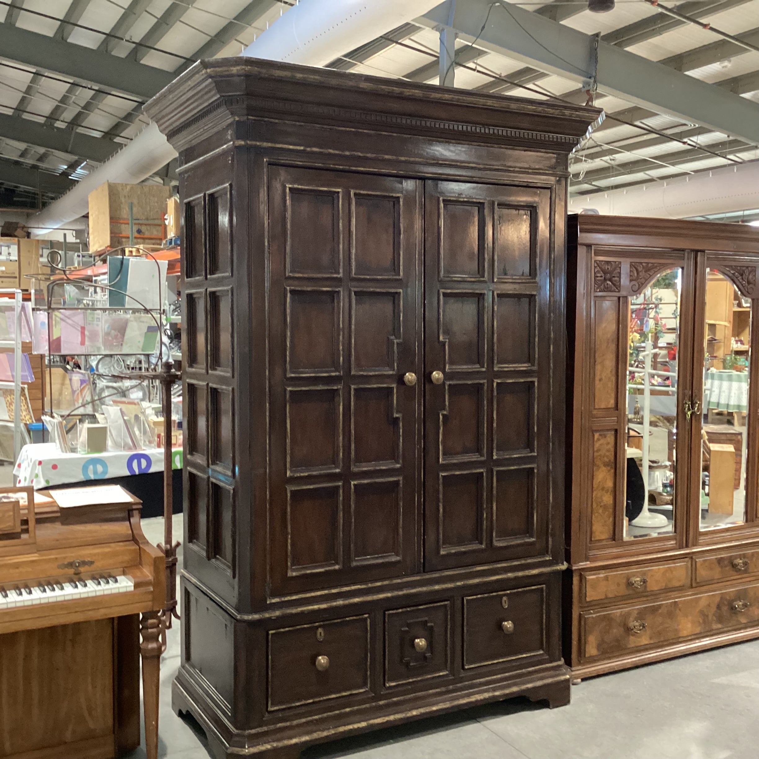 Marge Carson Dark Distressed with Brushed Gold Carved Wood Brass Pulls 5 Drawer 2 Door Wardrobe Armoire 64"x 32"x 94"