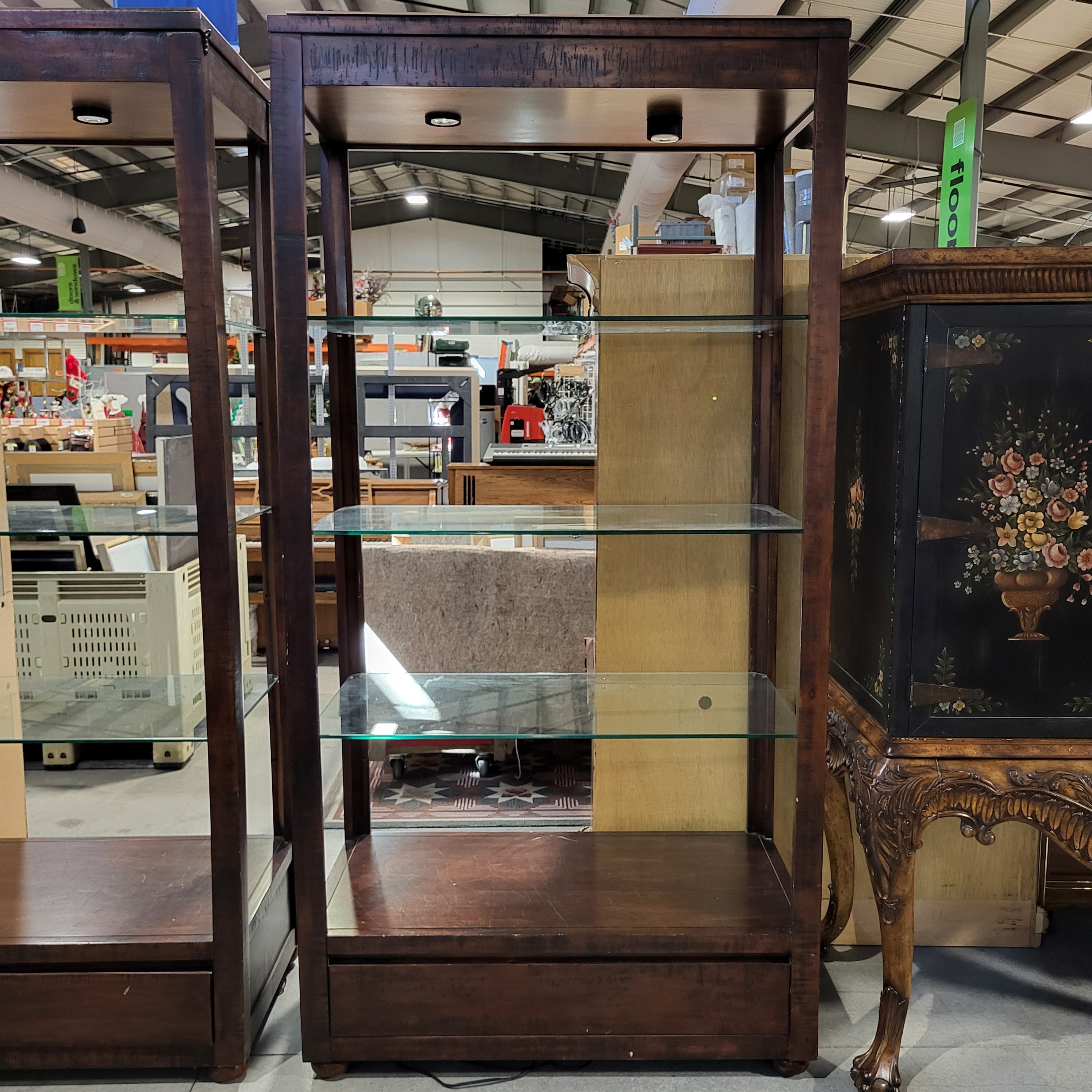 46"x 24"x 90.5" Dark Wood Glass Shelves 1 Drawer Display Case