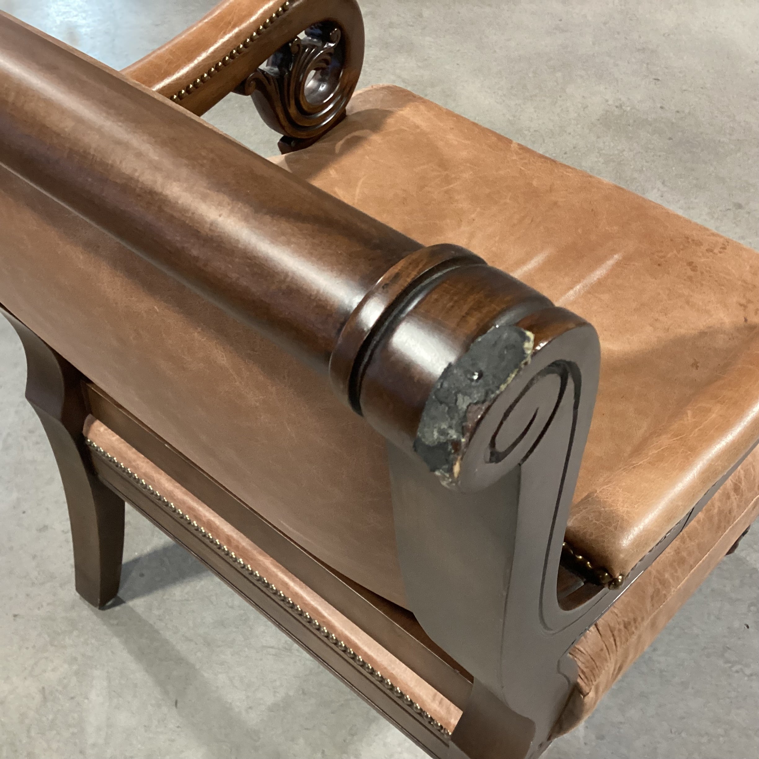 Carved Scroll Arm & Leather Nailhead Chair 29"x 33"x 39"