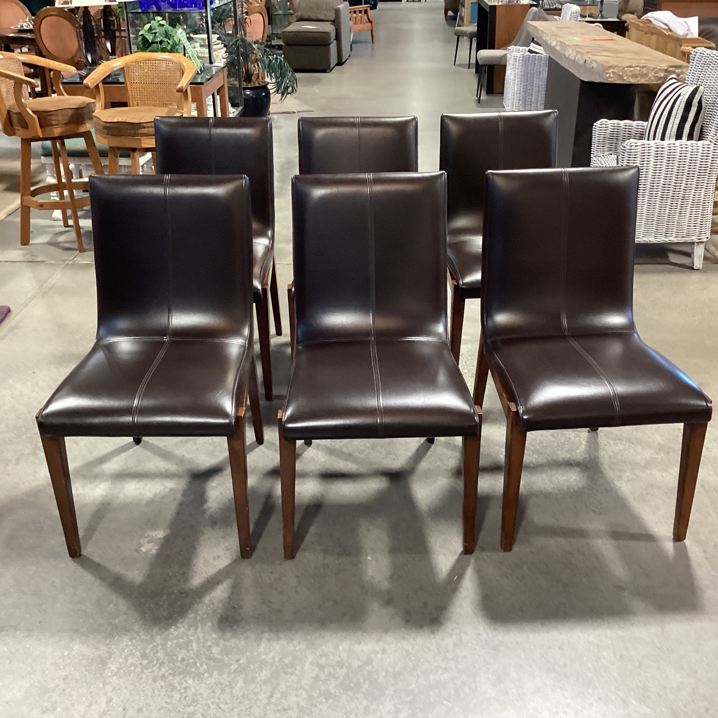 SET of 6 Brownstone Mid Century Style Chocolate Leather & Wood Dining Chairs 21"x 25"x 37"