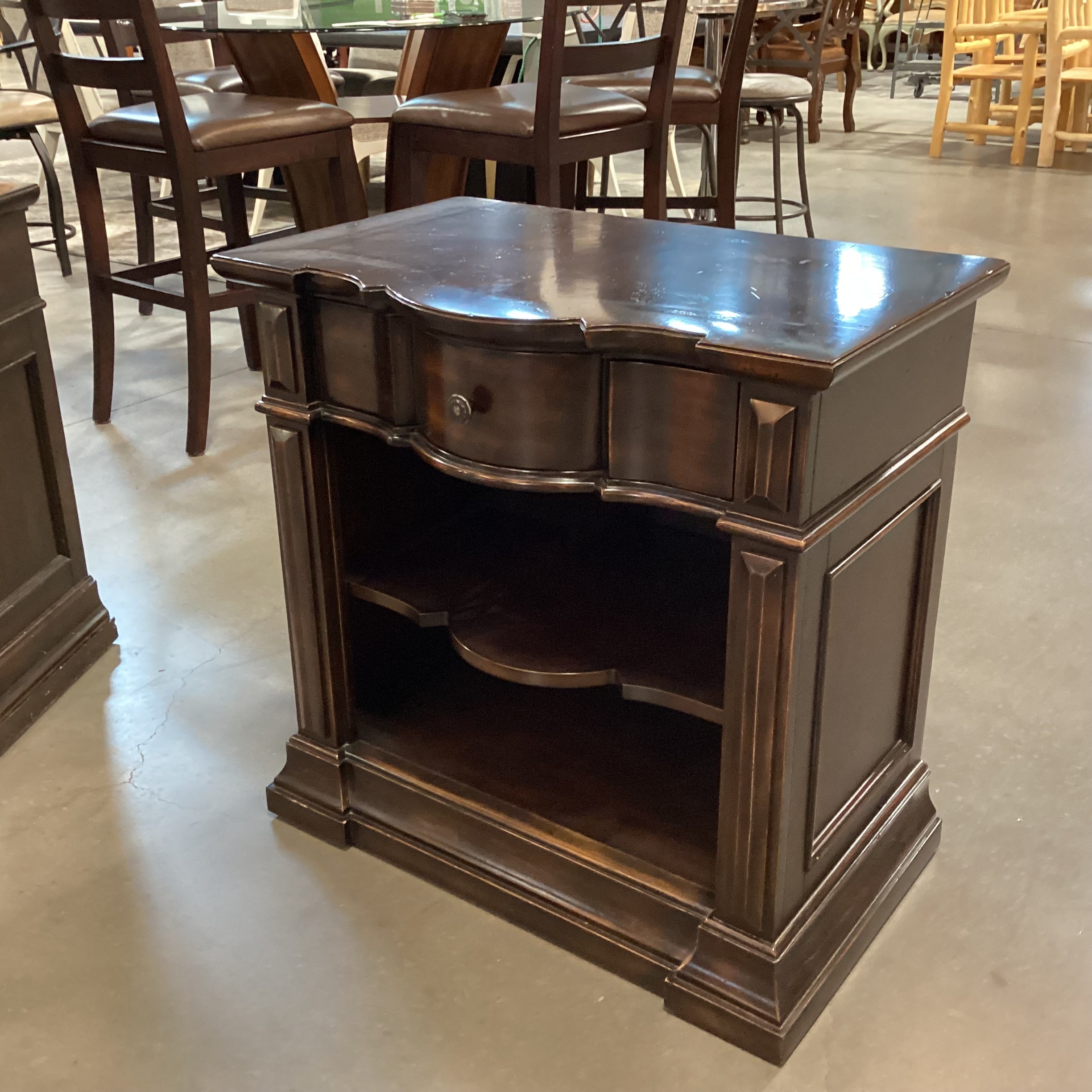 Artistica Dark Finish Serpentine Shape Carved Wood 1 Drawer with Shelves Nightstand 30"x 19"x 30"