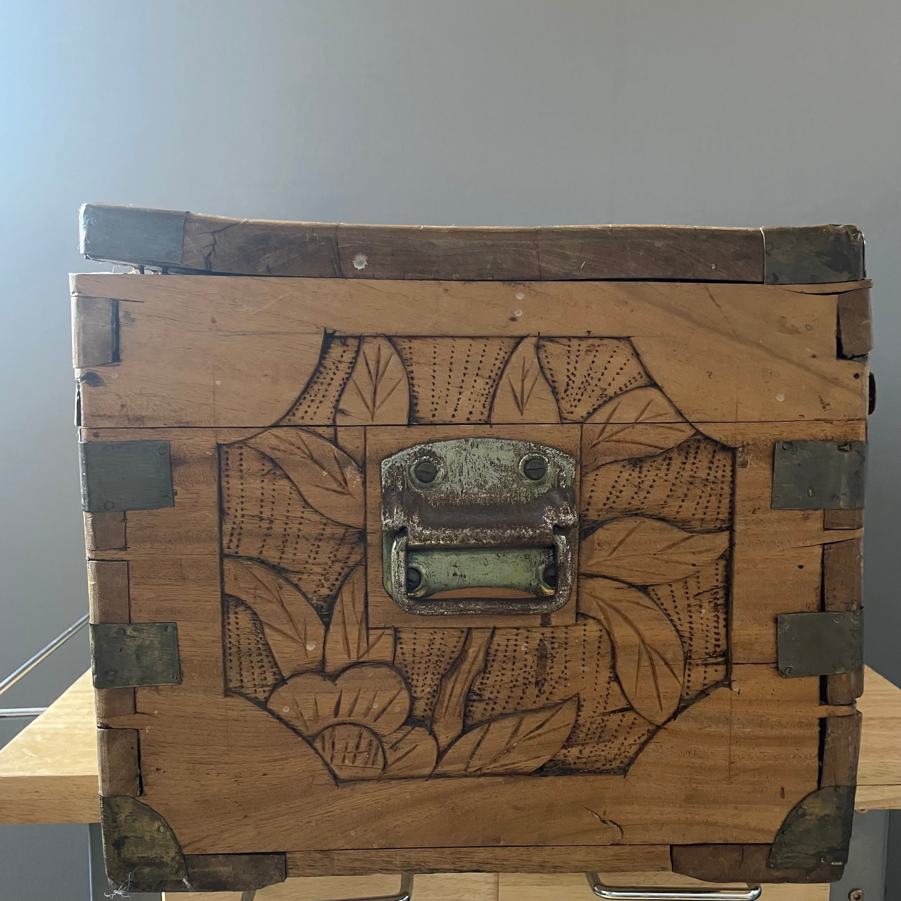 Vintage Carved Dragons Asian Style Rustic Trunk, 27"x 13"x 12"Dragons