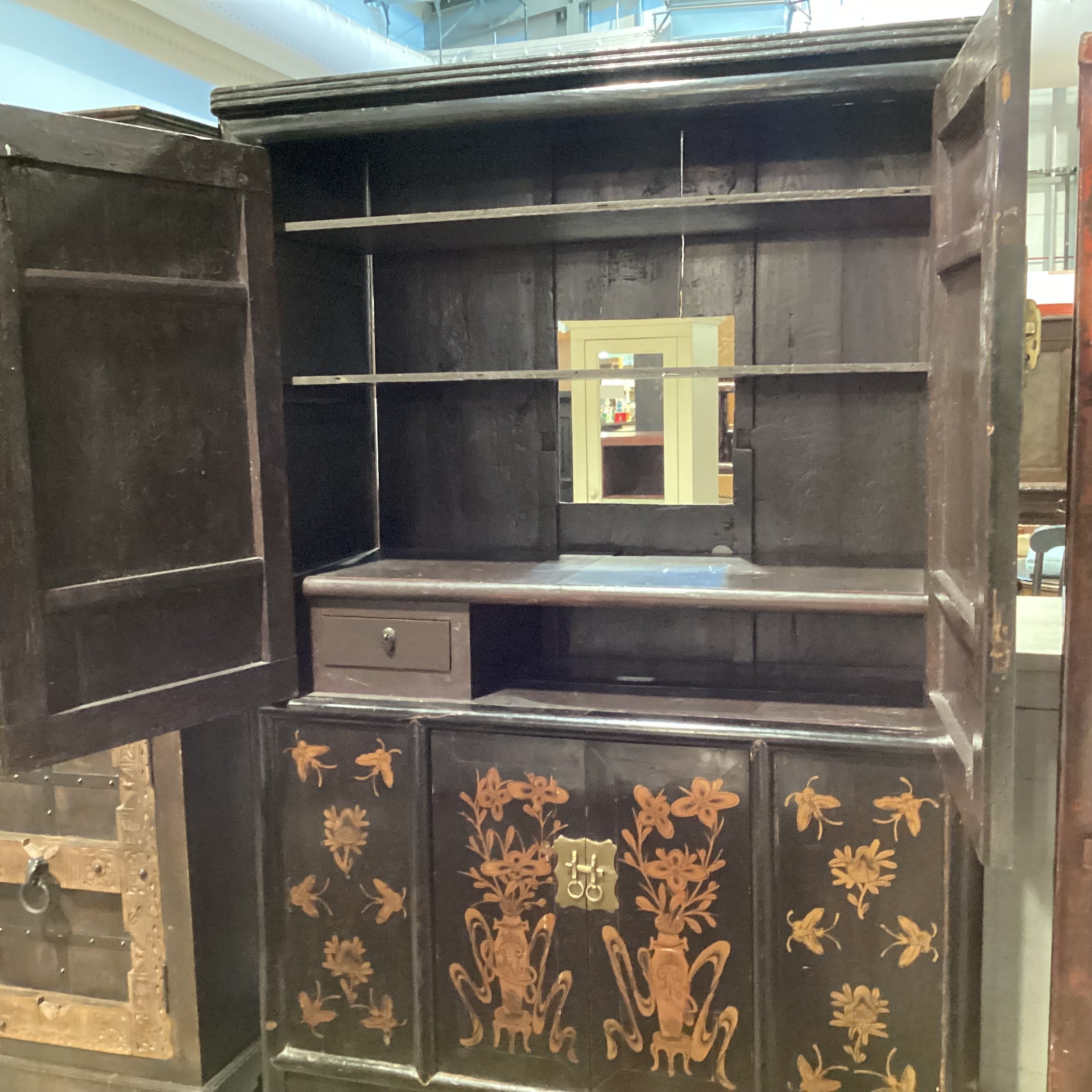 Vintage Antique Asian Black Lacquer & Gold Painted Vase Florals 4 Door with Shelves Armoire 52"x 23"x 79"