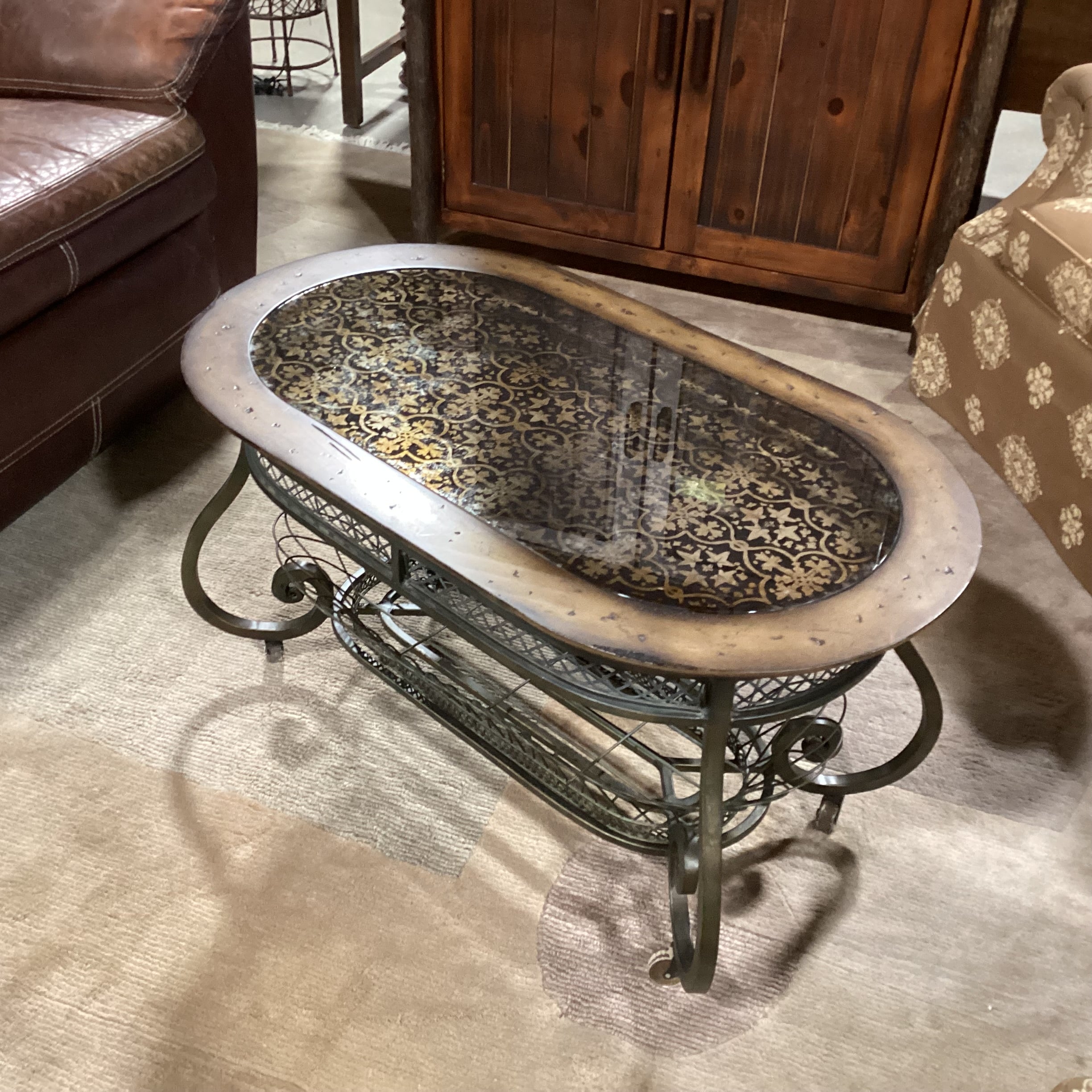 Distressed Wood & Metal with Black Detailed Leaf Design Glass on Casters Coffee Table 38"x 21.5"x 20"