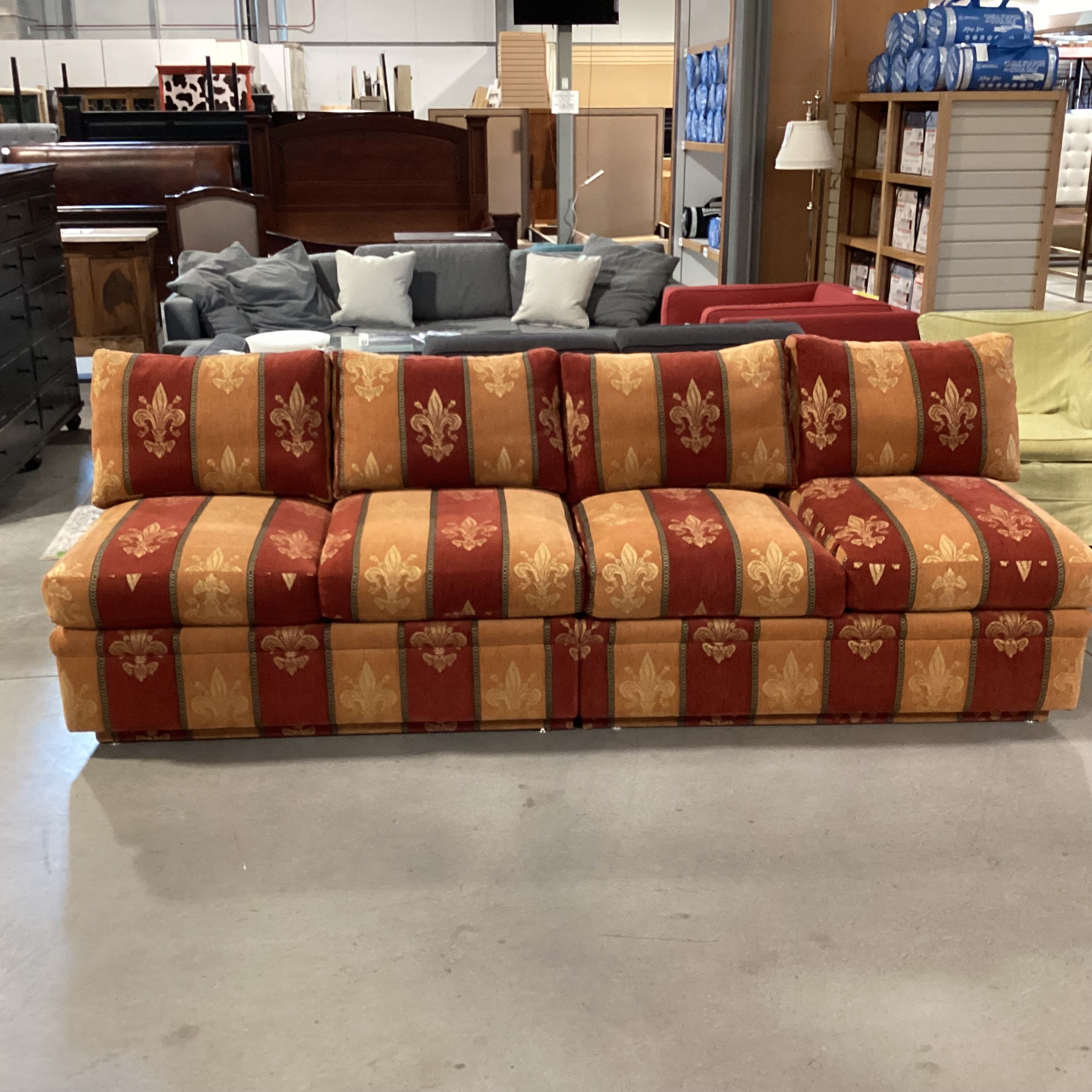 R Jones Custom Rust Gold Fleur De Lis Down Mix 2 Piece Sofa 103"x 37"x 30"