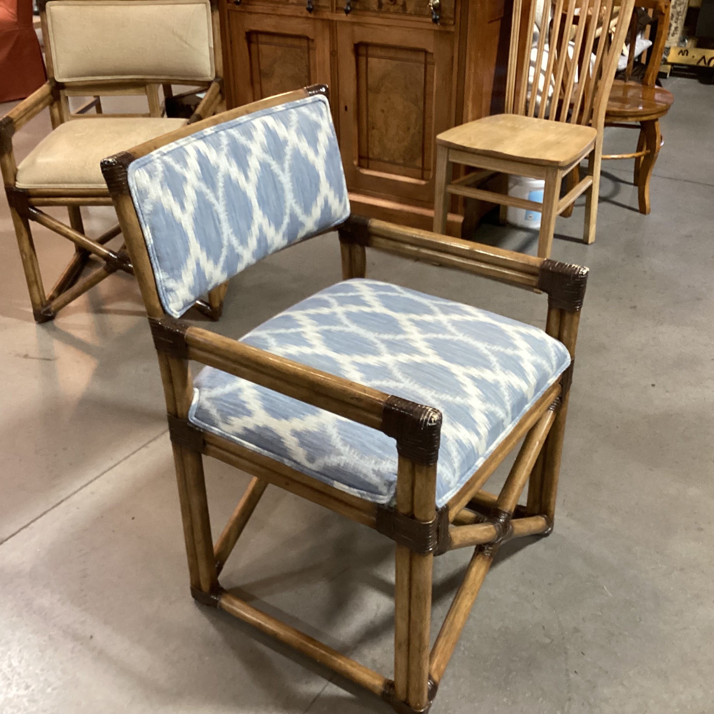 Vintage Bamboo Leather Strap Wrapped & Blue White Design Accent Chair 24"x 24"x 35"