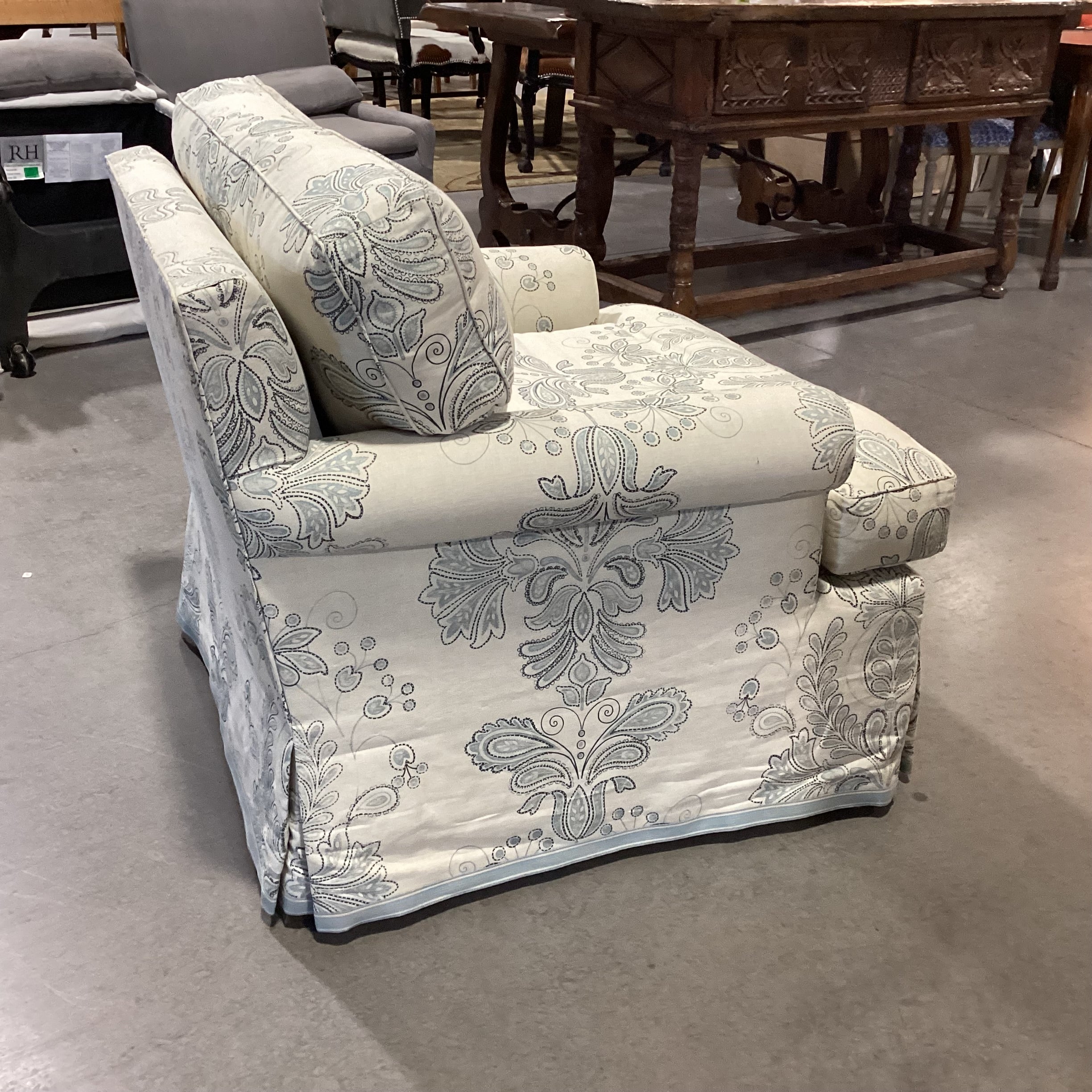 Custom Cream Blue Floral Linen Down Chair 33"x 33"x 28"