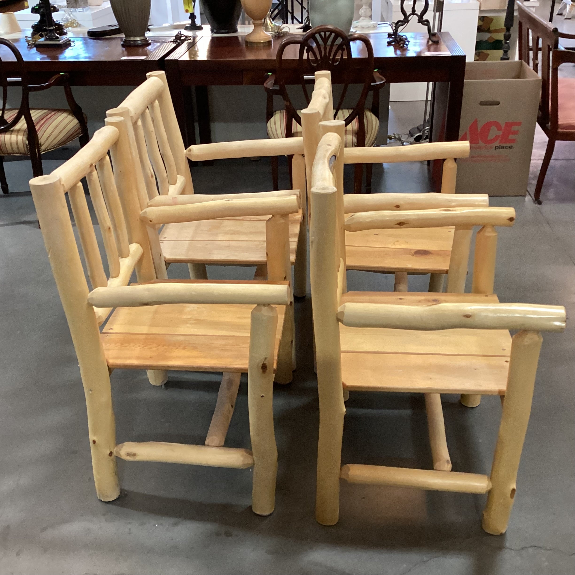 SET of 4 Natural Peeled Log with Plank Seat Armed Dining Chairs 23"x 22"x 36"