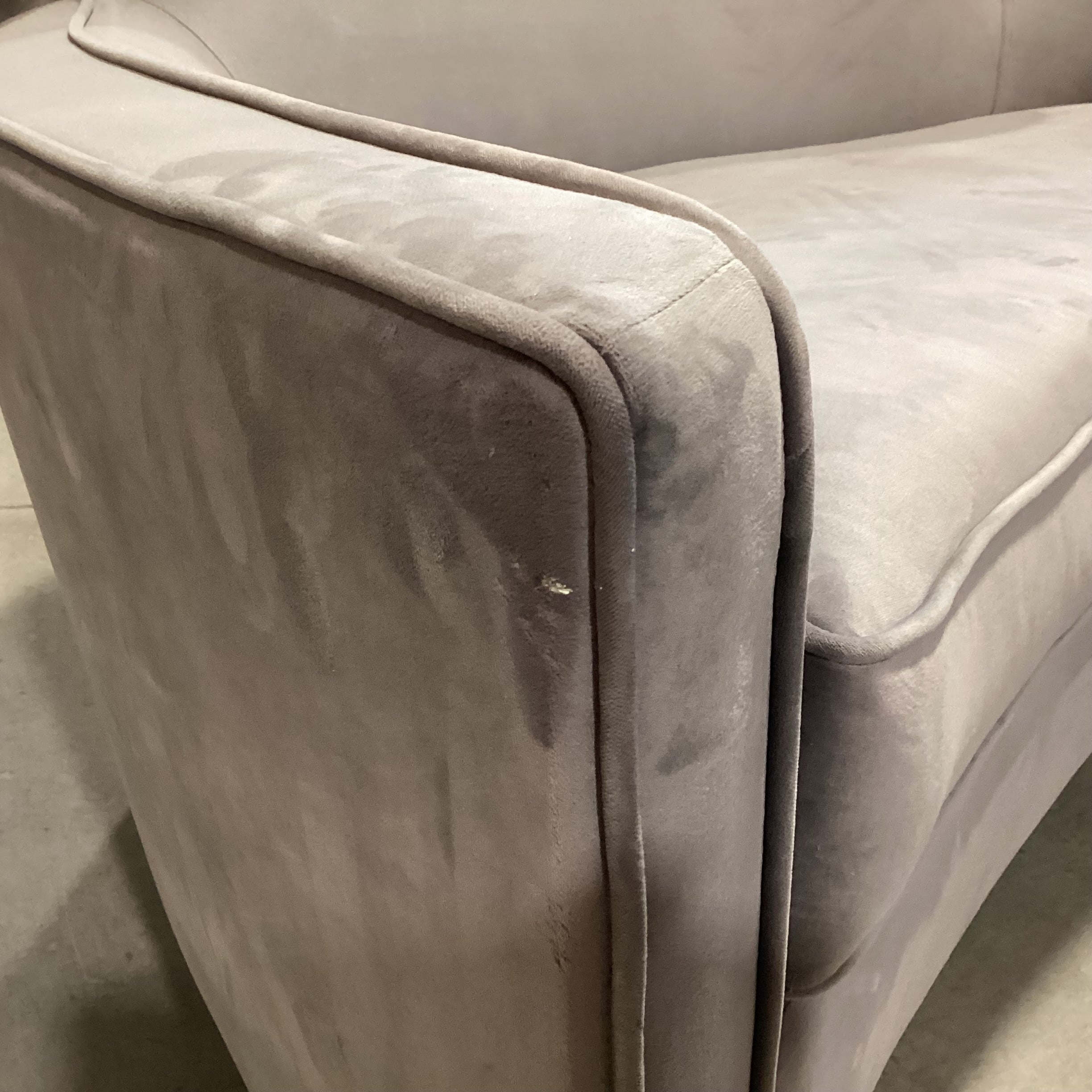 Grey Plush Velvet with French Washed Oak Feet Curved Sofa 70"x 41"x 29"