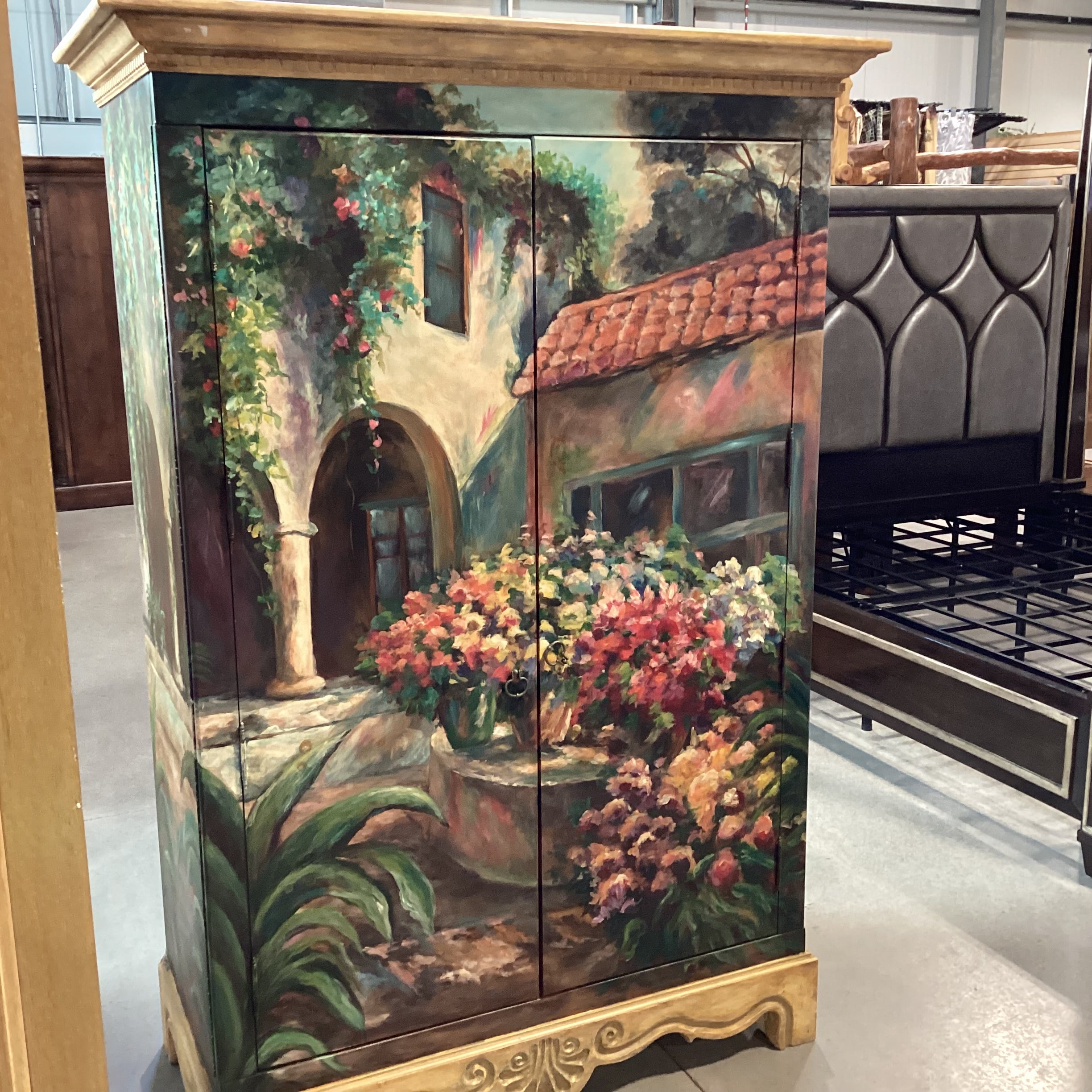 Hand Painted Floral & Carved Wood 2 Door Wardrobe Armoire 50.5"x 23.5"x 74"