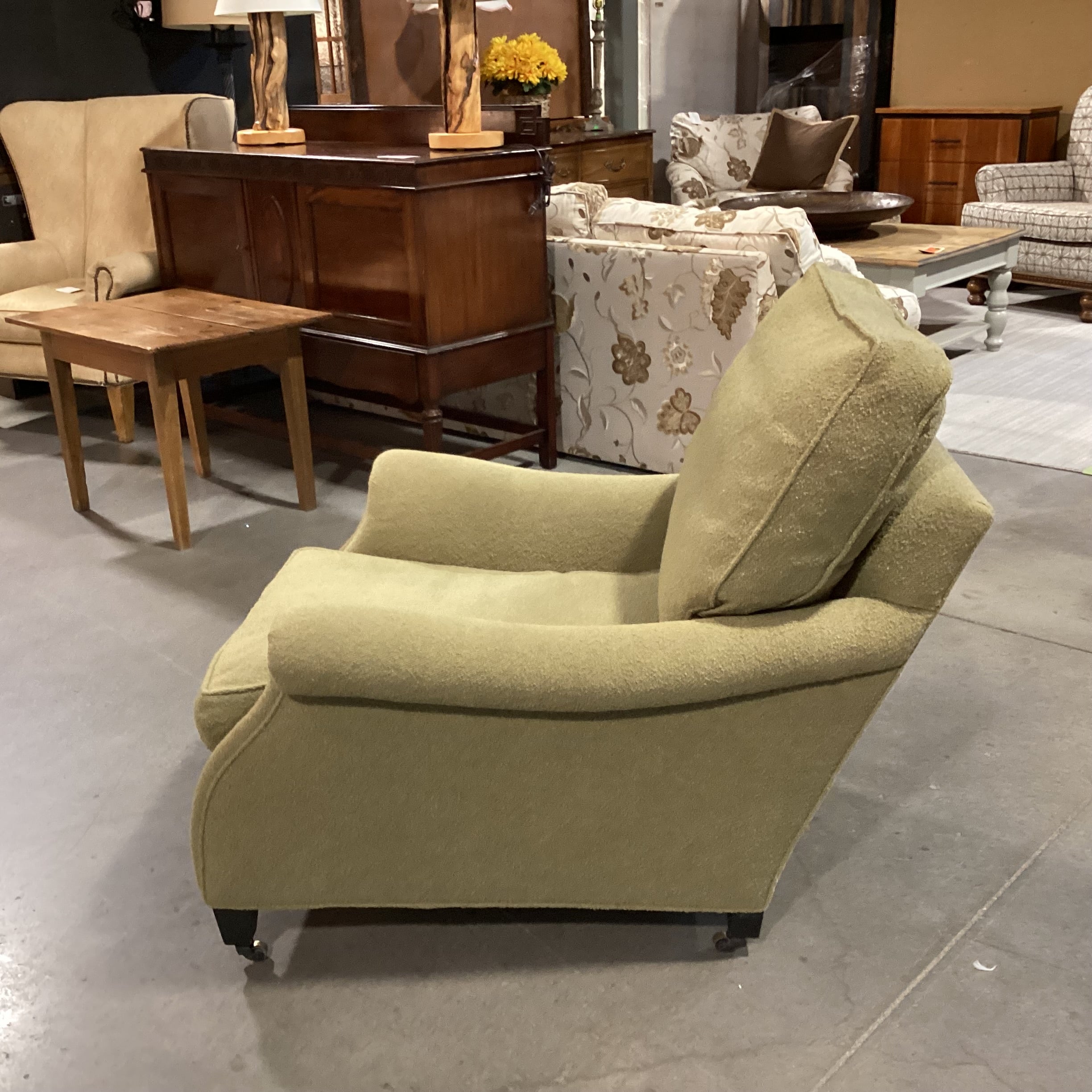 Reed Green Boucle Down Mix on Casters Chair 33"x 40"x 27"