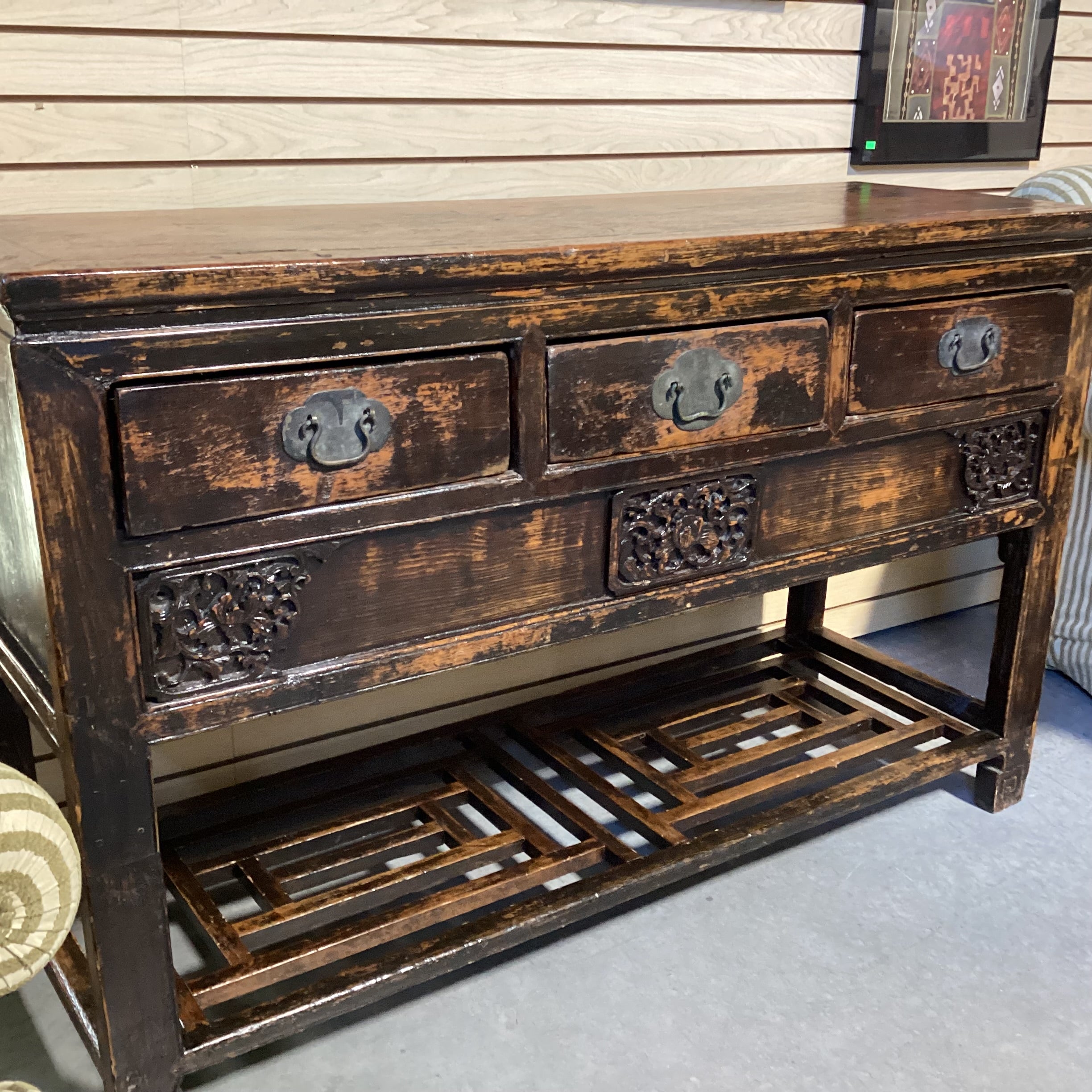 Vintage Antique Asian Carved Wood Lacquer Distressed Buffet 54.5"x 18.5"x 35"