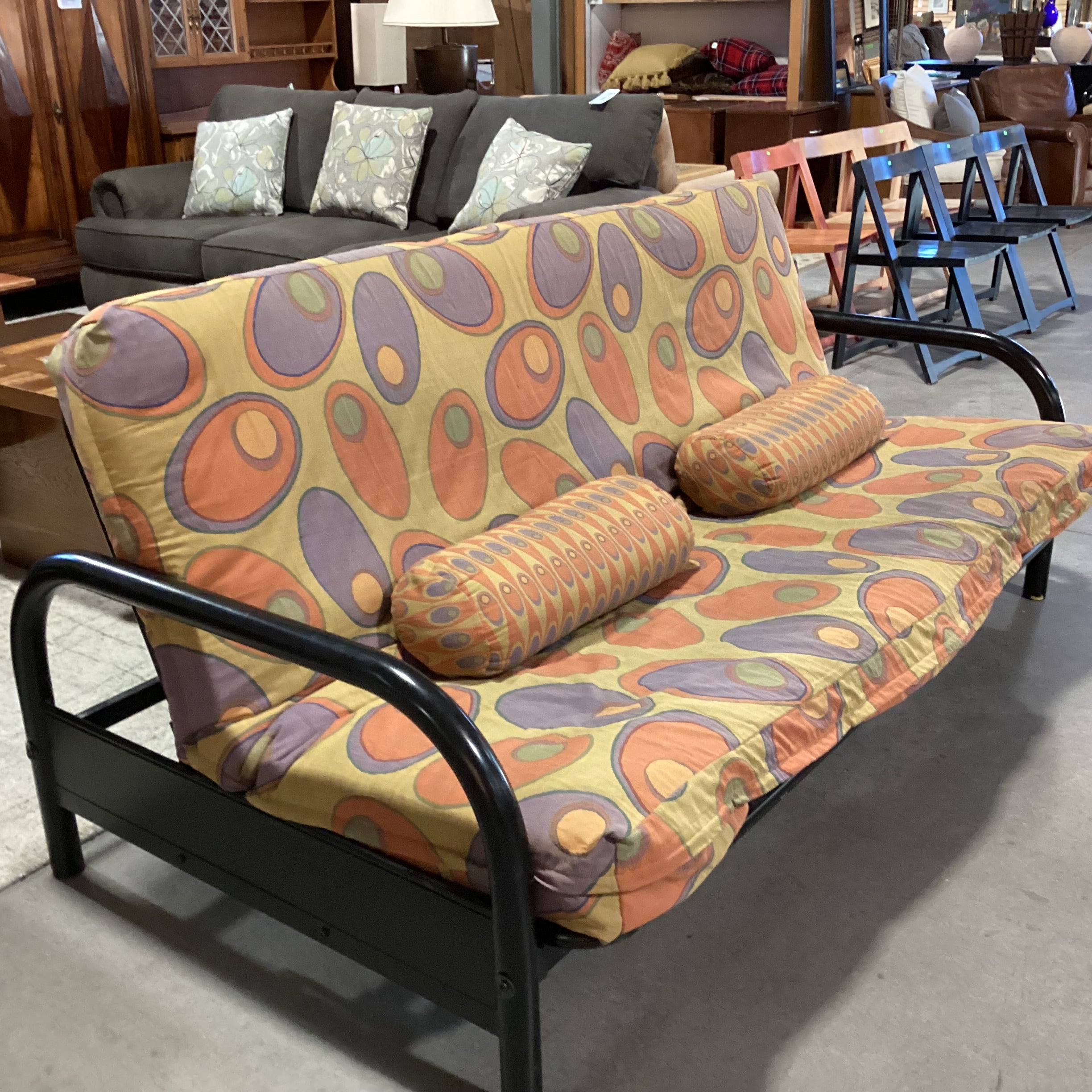 Gold Orange & Purple Circle Design Cushion & Black Metal Futon Sofa 79"x 44" to 56"x 38"