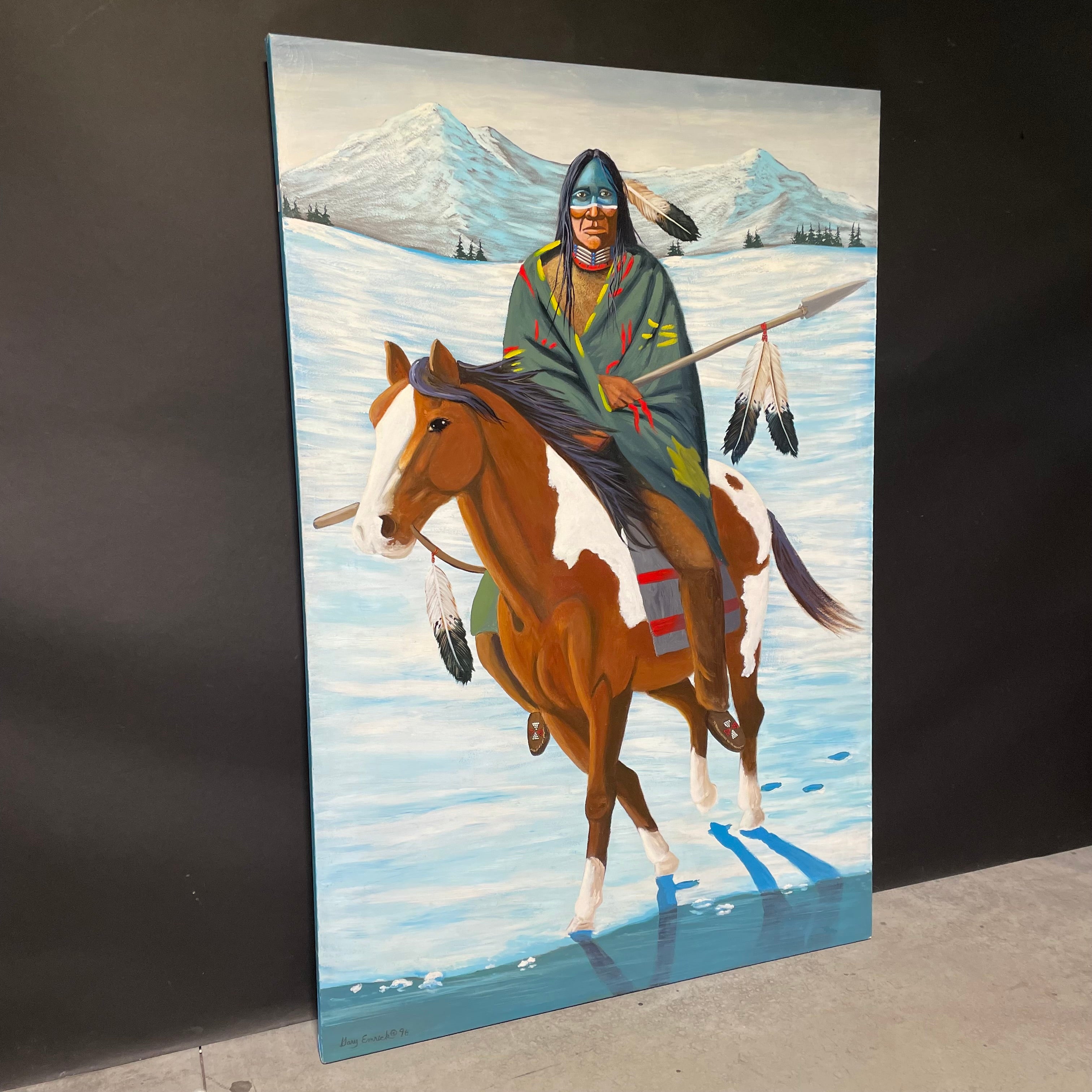 Gary Emrich Signed/Dated Original Native American On Horse Painting 48" x 72"