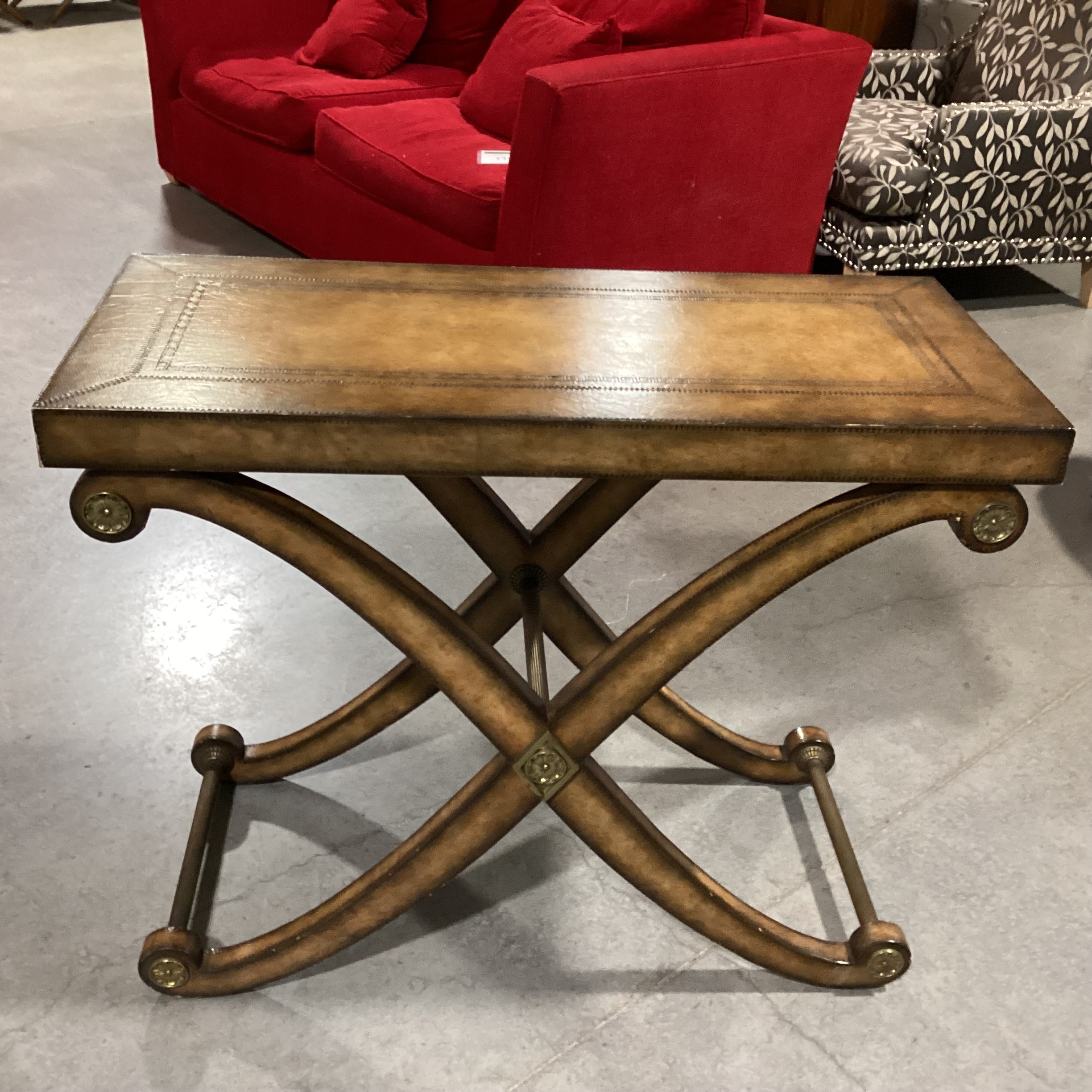 Kreiss Neoclassical Leather with Stitched Accent & X Base Antiqued Brass Stretches Console Sofa Table 40"x 18"x 32.5"