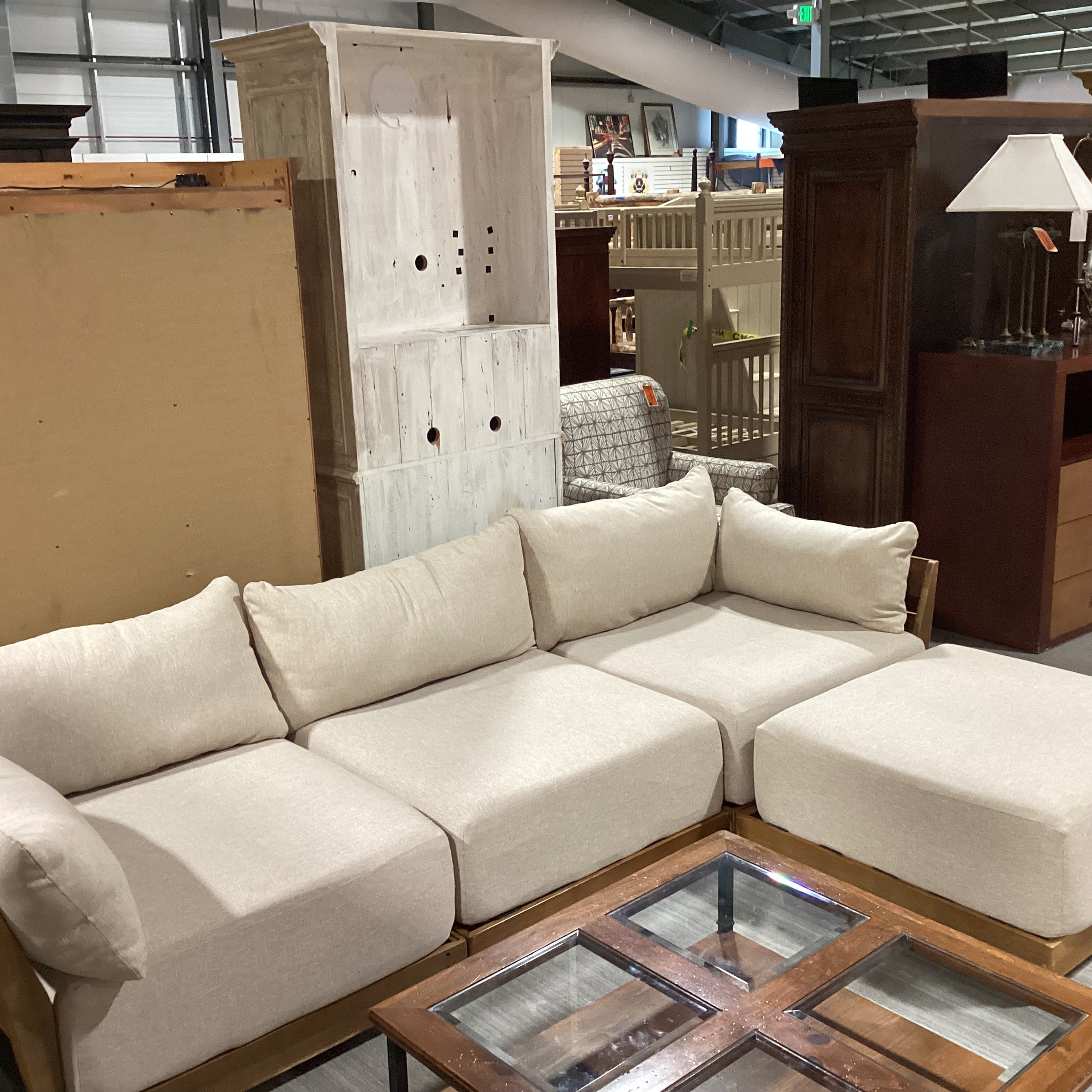 Bondi Mid Century Style Wood Base & Beige Cushions 4 Piece Modular Sectional 118"x 80"x 42"x 26"