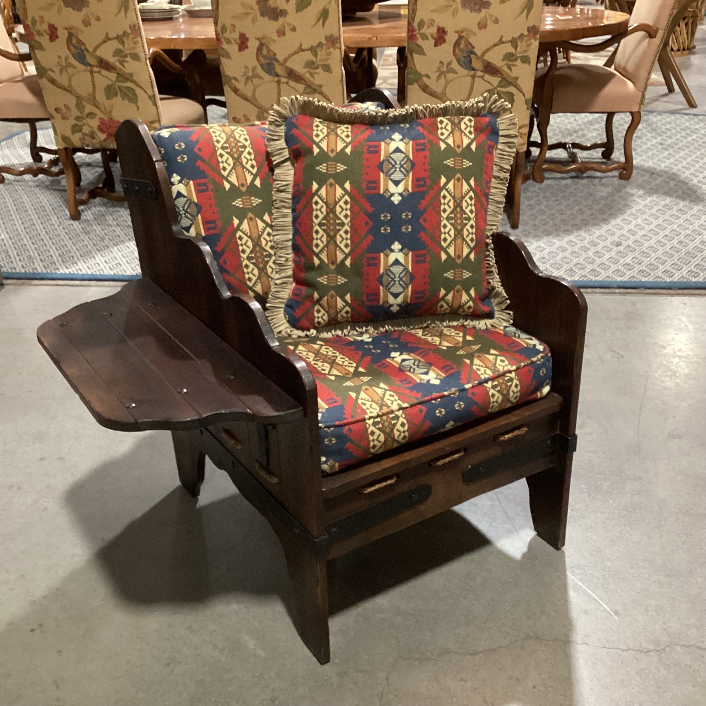 Art in Fine Forms Custom Dark Finish Plank Wood Iron & Rope Southwest Cushions with Side Table Chair 35"x 31"x 34"