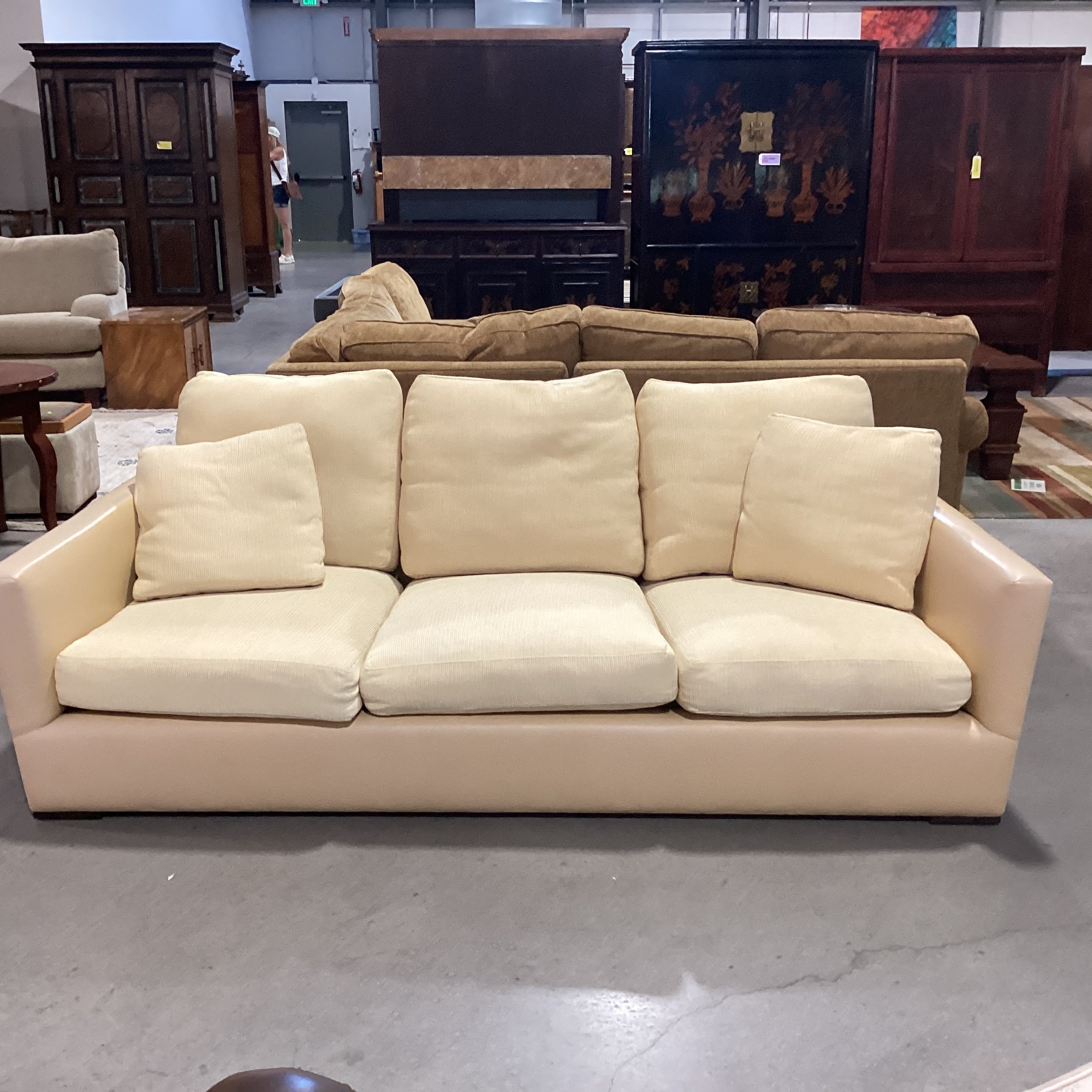 Gina B Custom Blonde Leather & Ribbed Upholstery Down Mix Sofa 90"x 42"x 26"